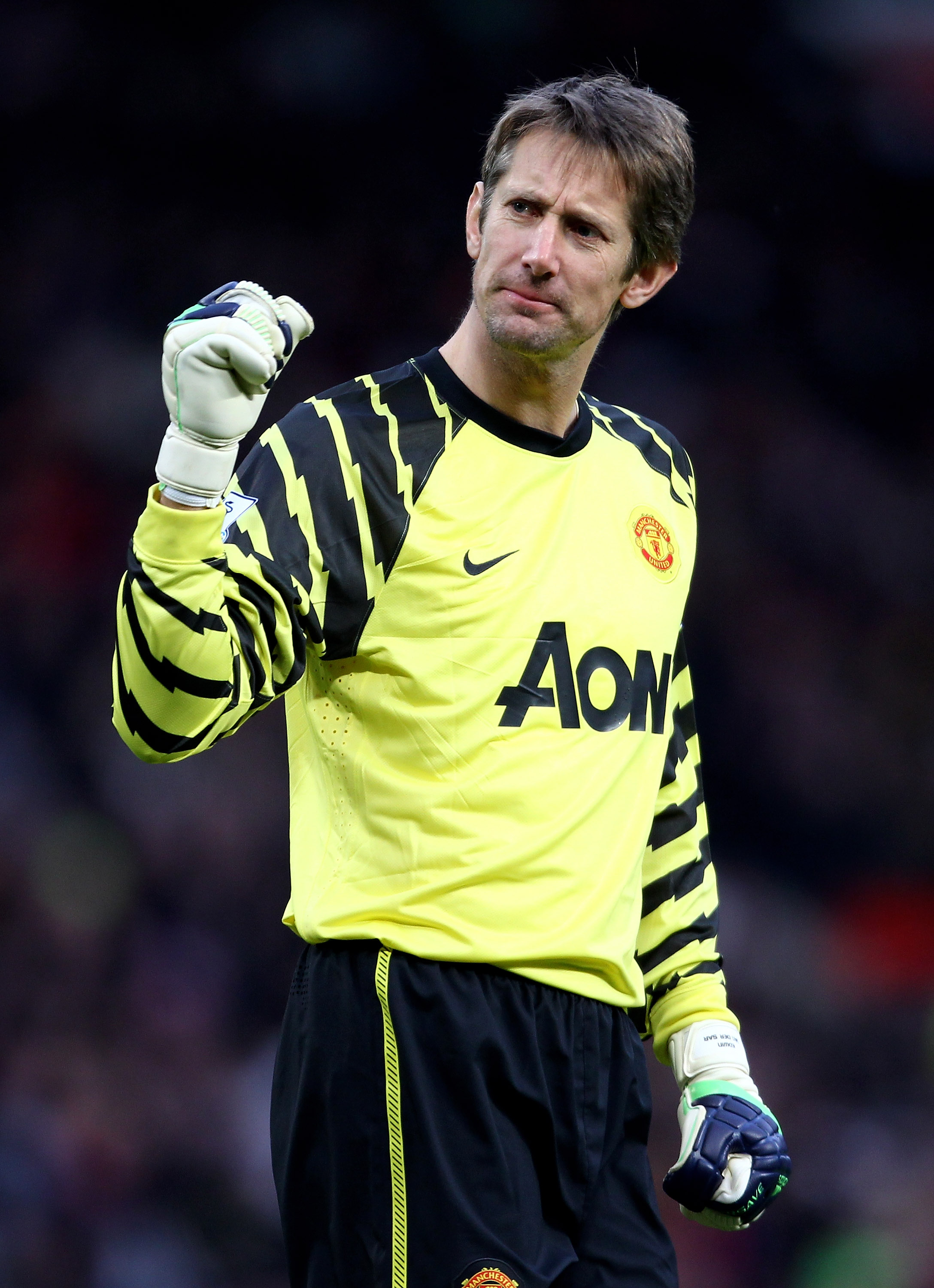 MANCHESTER, ENGLAND - DECEMBER 26:   Edwin van der Sar of Manchester United celebrates his team's opening goal during the Barclays Premier League match between Manchester United and Sunderland at Old Trafford on December 26, 2010 in Manchester, England. (