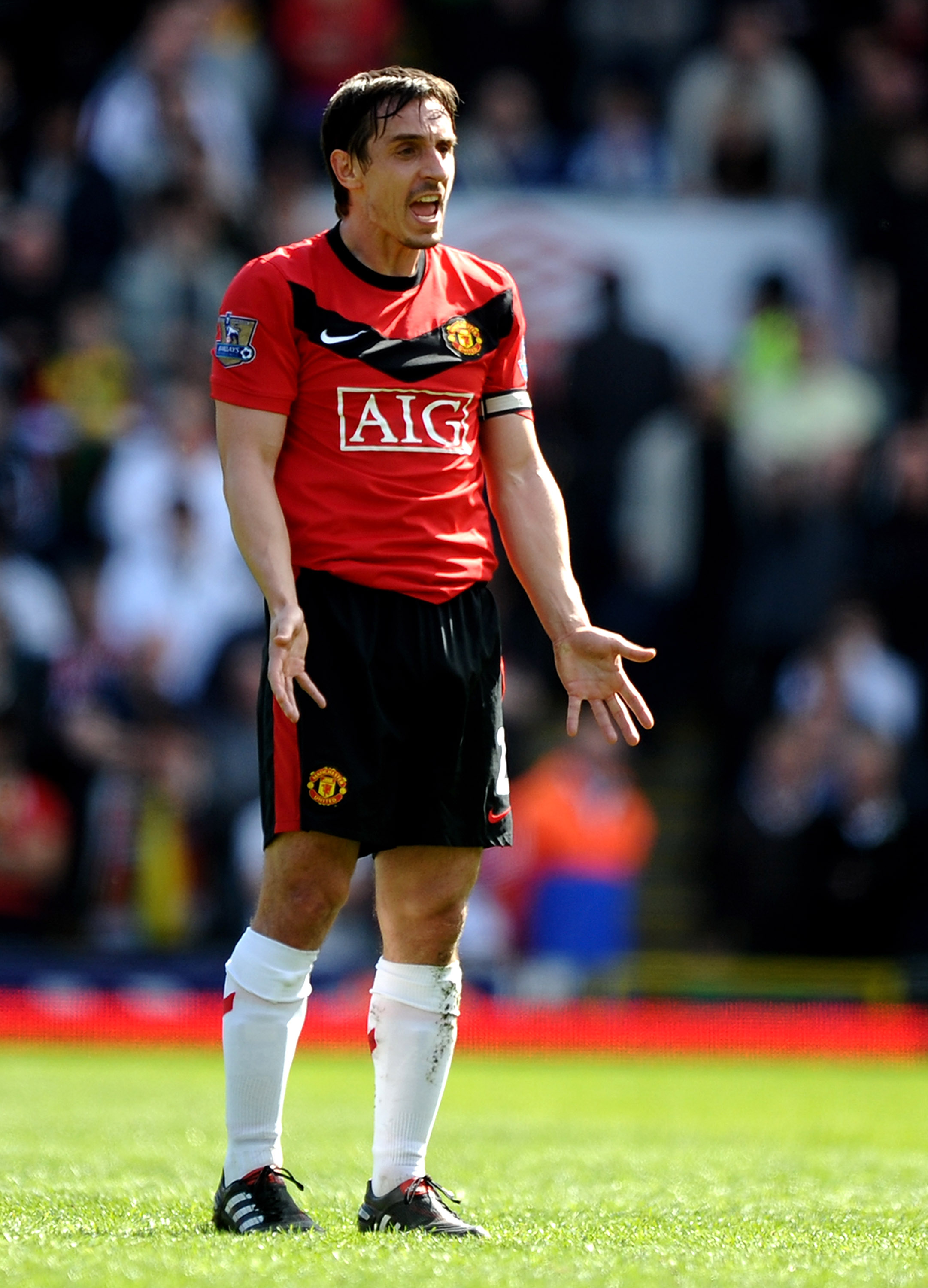 BLACKBURN, ENGLAND - APRIL 11: Gary Neville of Manchester United shows his dissapointment after dropping points in the Barclays Premier League Match between Blackburn Rovers and Manchester United at Ewood Park on April 11, 2010 in Blackburn, England.  (Ph