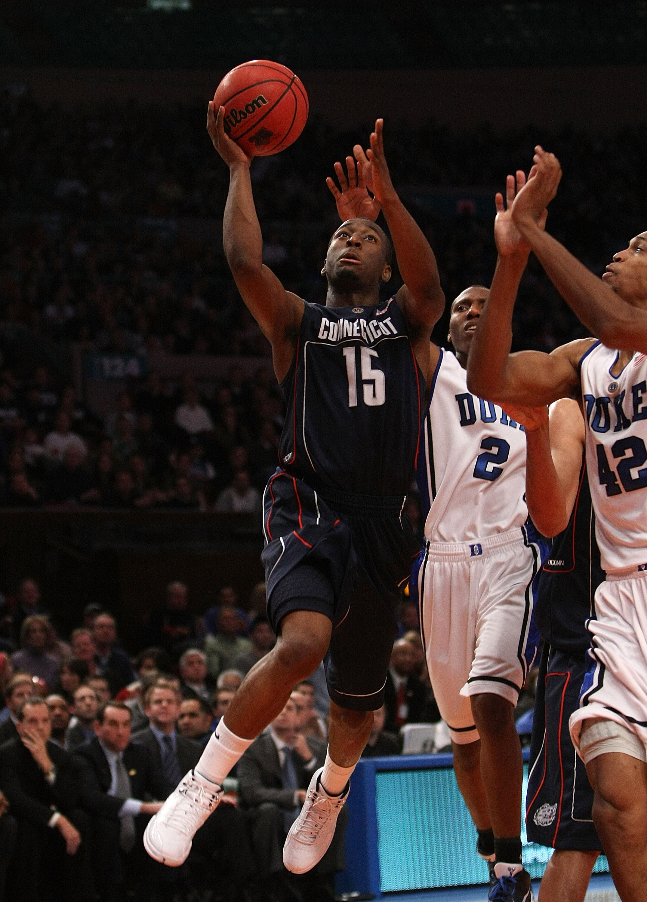 NEW YORK - NOVEMBER 27:  Kemba Walker #15 of the Connecticut Huskies shoots the ball against the Duke Blue Devils  during the Championship game at Madison Square Garden on November 27, 2009 in New York, New York.  (Photo by Nick Laham/Getty Images)