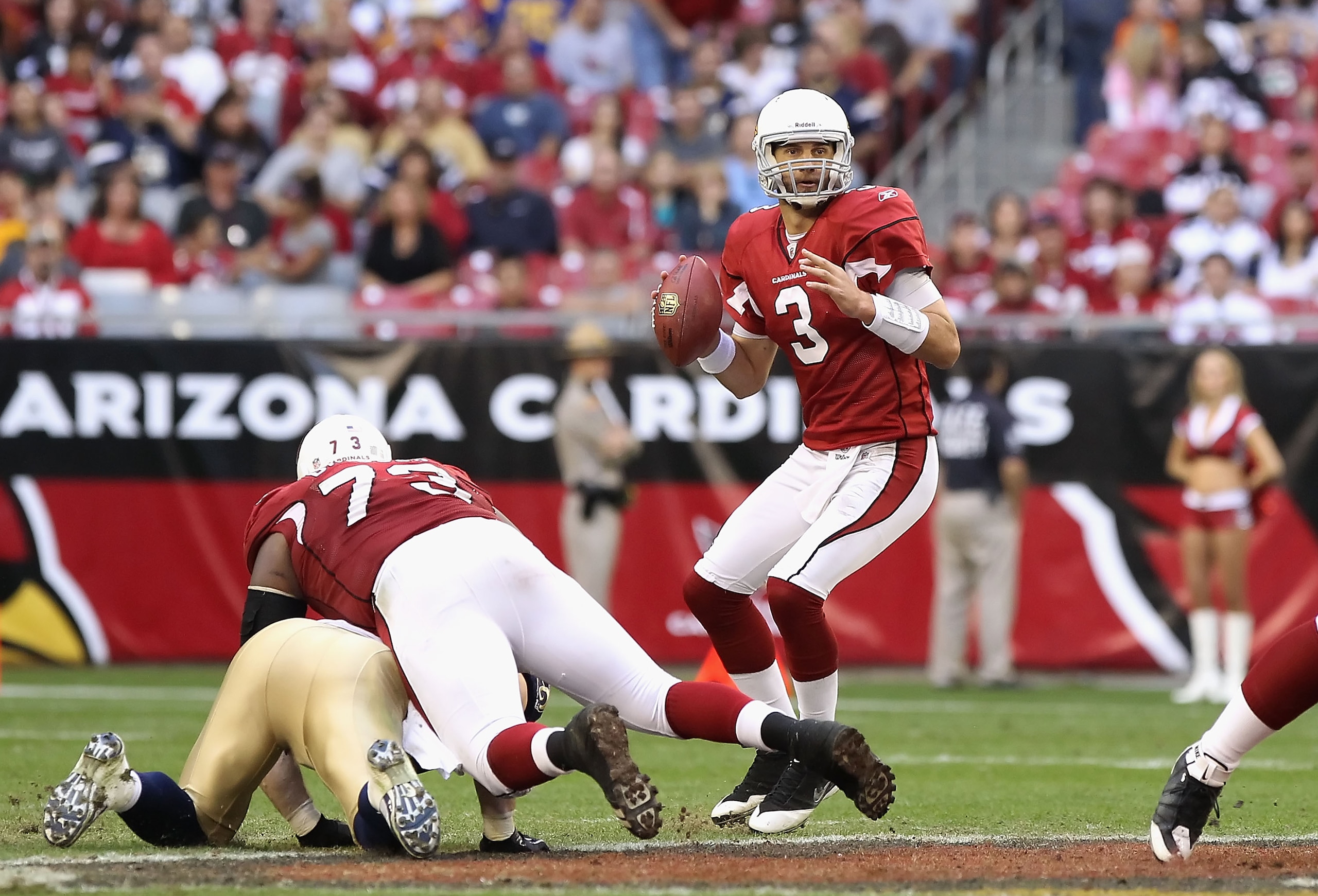 GLENDALE, AZ - DECEMBER 05:  Quarterback Derek Anderson #3 of the Arizona Cardinals drops back to pass during the NFL game against the St. Louis Rams at the University of Phoenix Stadium on December 5, 2010 in Glendale, Arizona. The Rams defeated the Card