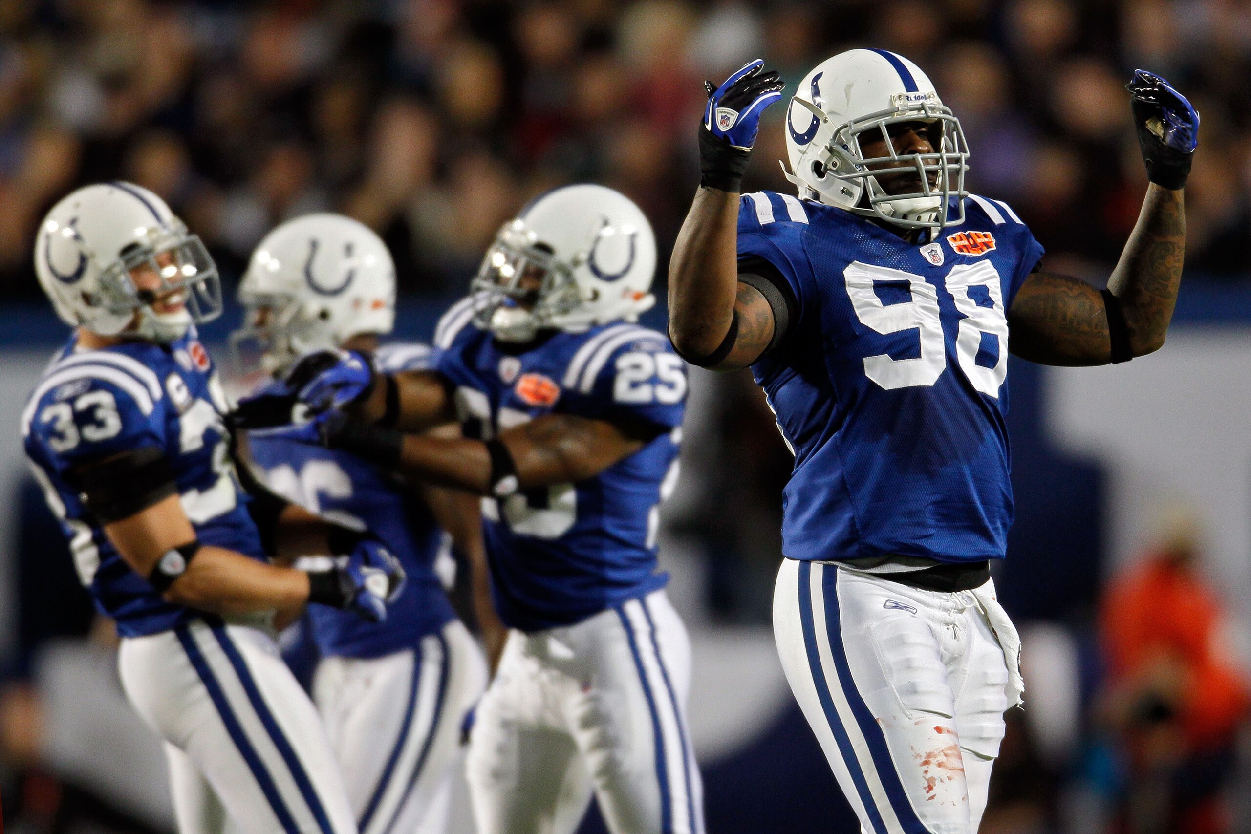 MIAMI GARDENS, FL - FEBRUARY 07: Robert Mathis #98 of the Indianapolis Colts reacts after a play against the New Orleans Saints during Super Bowl XLIV on February 7, 2010 at Sun Life Stadium in Miami Gardens, Florida.  (Photo by Donald Miralle/Getty Image