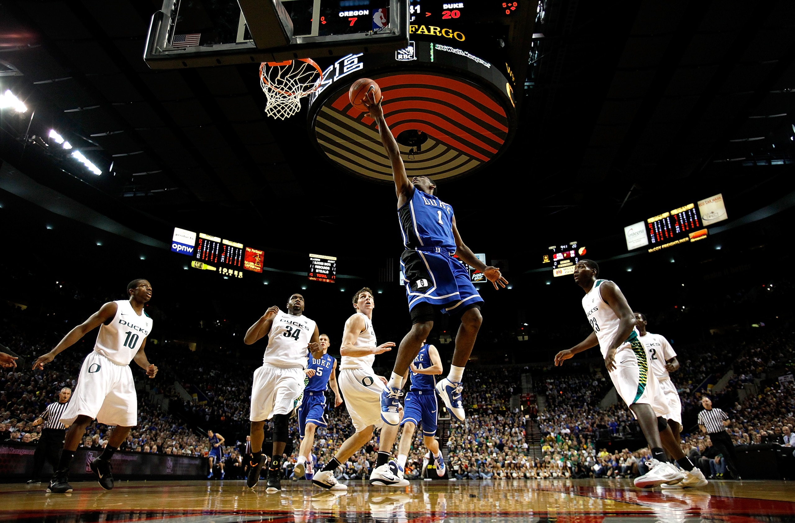 PORTLAND, OR - NOVEMBER 27:  Kyrie Irving #1 of the Duke Blue Devils goes for a layup against  the Oregon Ducks on November 27, 2010 at the Rose Garden in Portland, Oregon.  (Photo by Jonathan Ferrey/Getty Images)