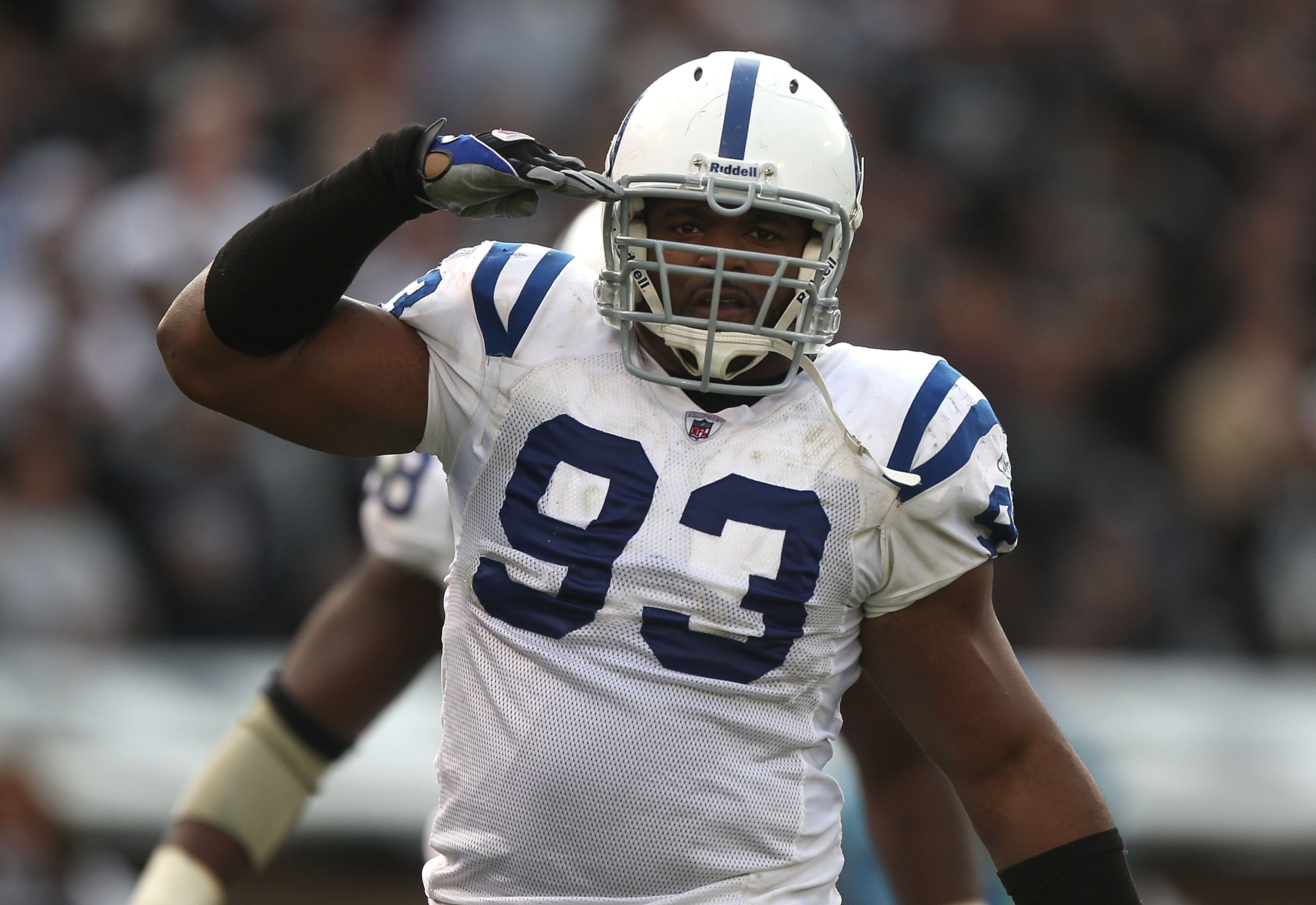 OAKLAND, CA - DECEMBER 26:  Dwight Freeney #93 of the Indianapolis Colts celebrates after a sack against the Oakland Raiders during an NFL game at Oakland-Alameda County Coliseum on December  26, 2010 in Oakland, California.  (Photo by Jed Jacobsohn/Getty