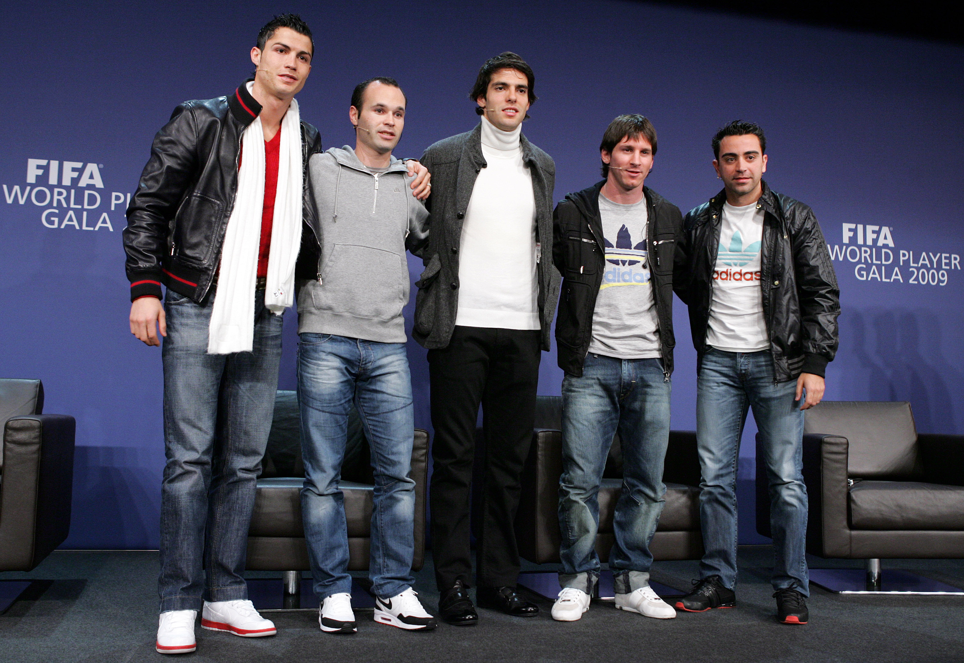 ZURICH - SWITZERLAND - DECEMBER 21:  (L-R) Portugal's Cristiano Ronaldo, Spain's Andres Iniesta, Brazil's Kaka, Argentina's Lionel Messi and Spain's Xavi Hernandez during a Press Conference for the FIFA 2009 World Player Of The Year at the Kongresshaus on