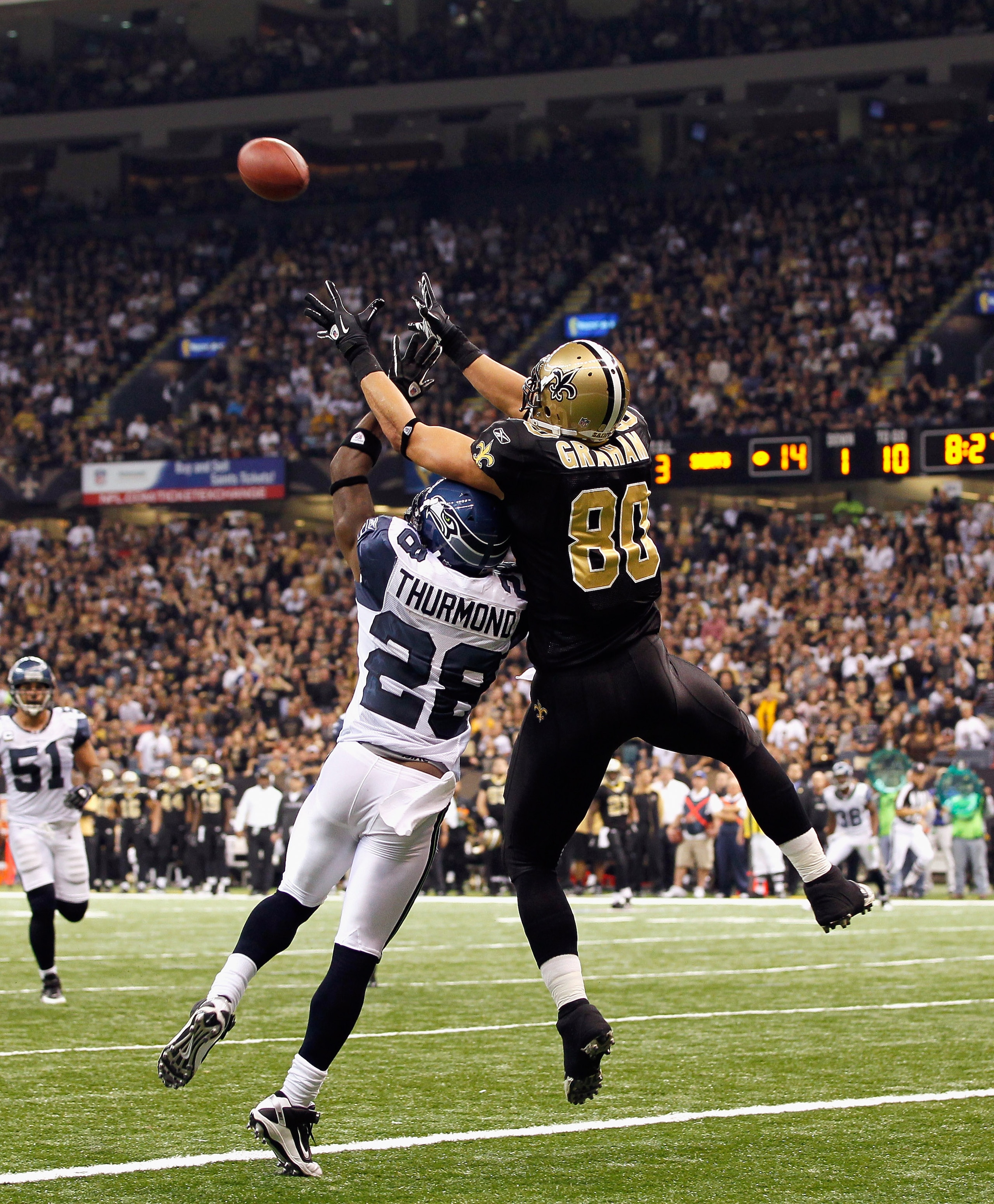 NEW ORLEANS - NOVEMBER 21: Walter Thurmond #28 of the Seattle Seahawks breaks up a touchdown reception intended for Jimmy Graham #80 of the New Orleans Saints at Louisiana Superdome on November 21, 2010 in New Orleans, Louisiana. (Photo by Kevin C. Cox/ NEW ORLEANS - NOVEMBER 21: Walter Thurmond #28 of the Seattle Seahawks breaks up a touchdown reception intended for Jimmy Graham #80 of the New Orleans Saints at Louisiana Superdome on November 21, 2010 in New Orleans, Louisiana. (Photo by Kevin C. Cox/