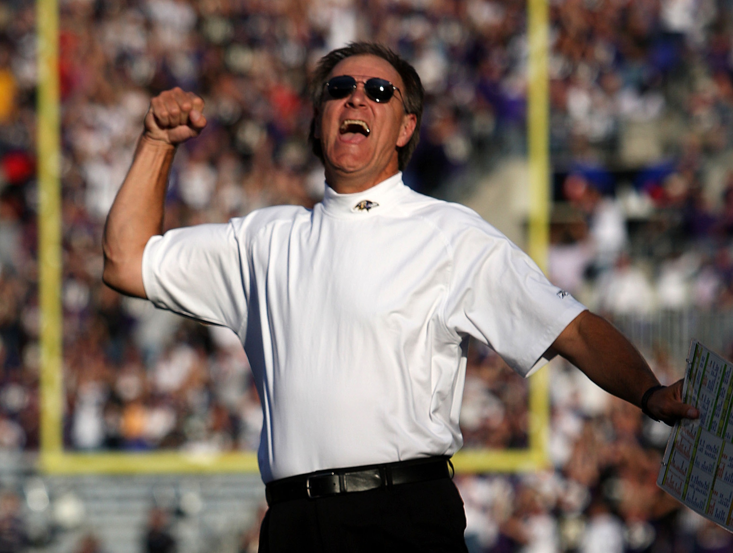 BALTIMORE - SEPTEMBER 16:  Head coach Brian Billick of the Baltimore Ravens celebrates after referees overturned a call and ruled a touchdown during the closing minute of the first half of game against the New York Jets on September 16, 2007 at M&T Bank S