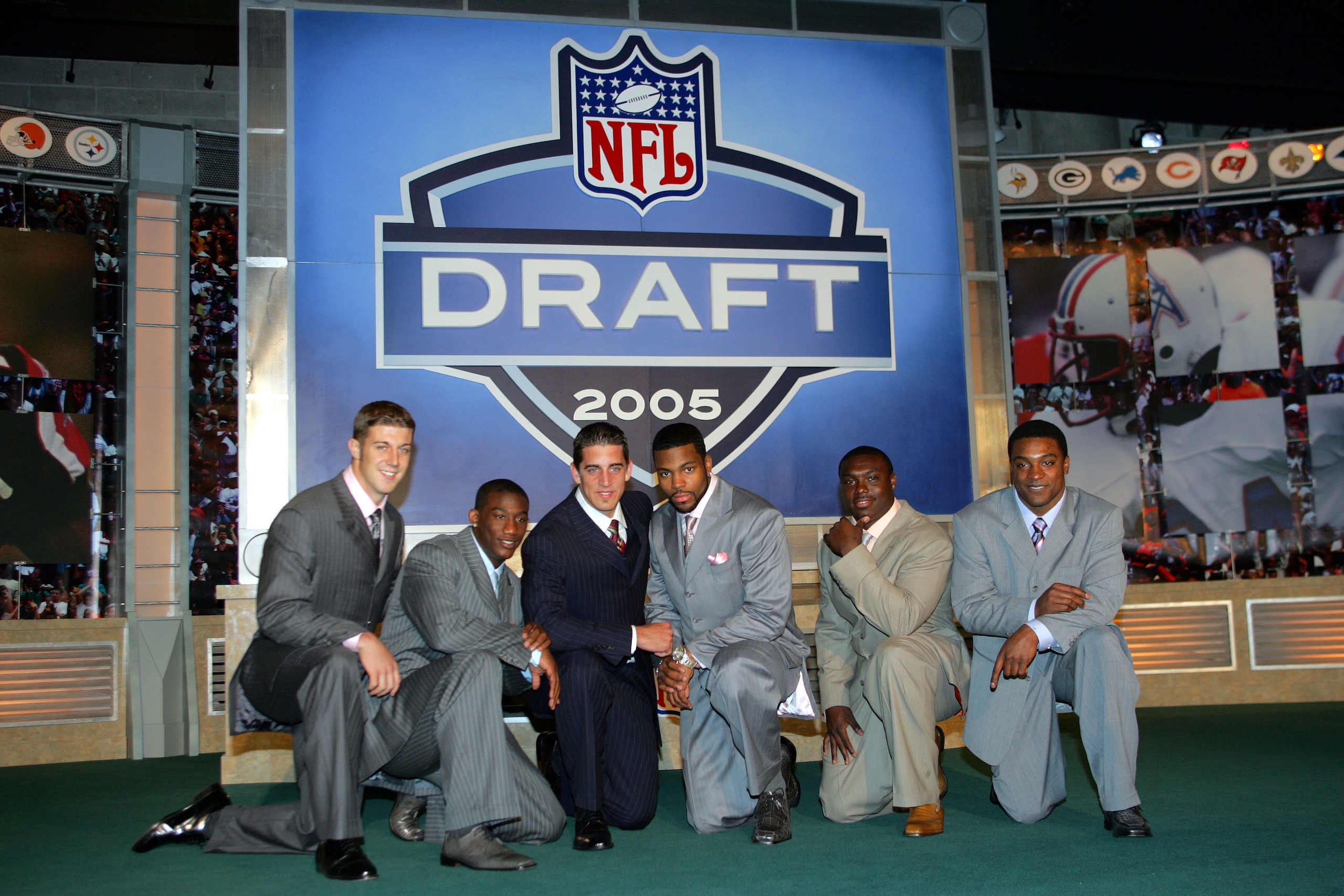 NEW YORK - APRIL 23:  (L-R) Alex Smith (Utah), Antrel Rolle (Miami), Aaron Rodgers (California), Braylon Edwards (Michigan),Ronnie Brown (Auburn) and Cedric Benson (Texas) pose during the 70th NFL Draft on April 23, 2005 at the Jacob K. Javits Convention