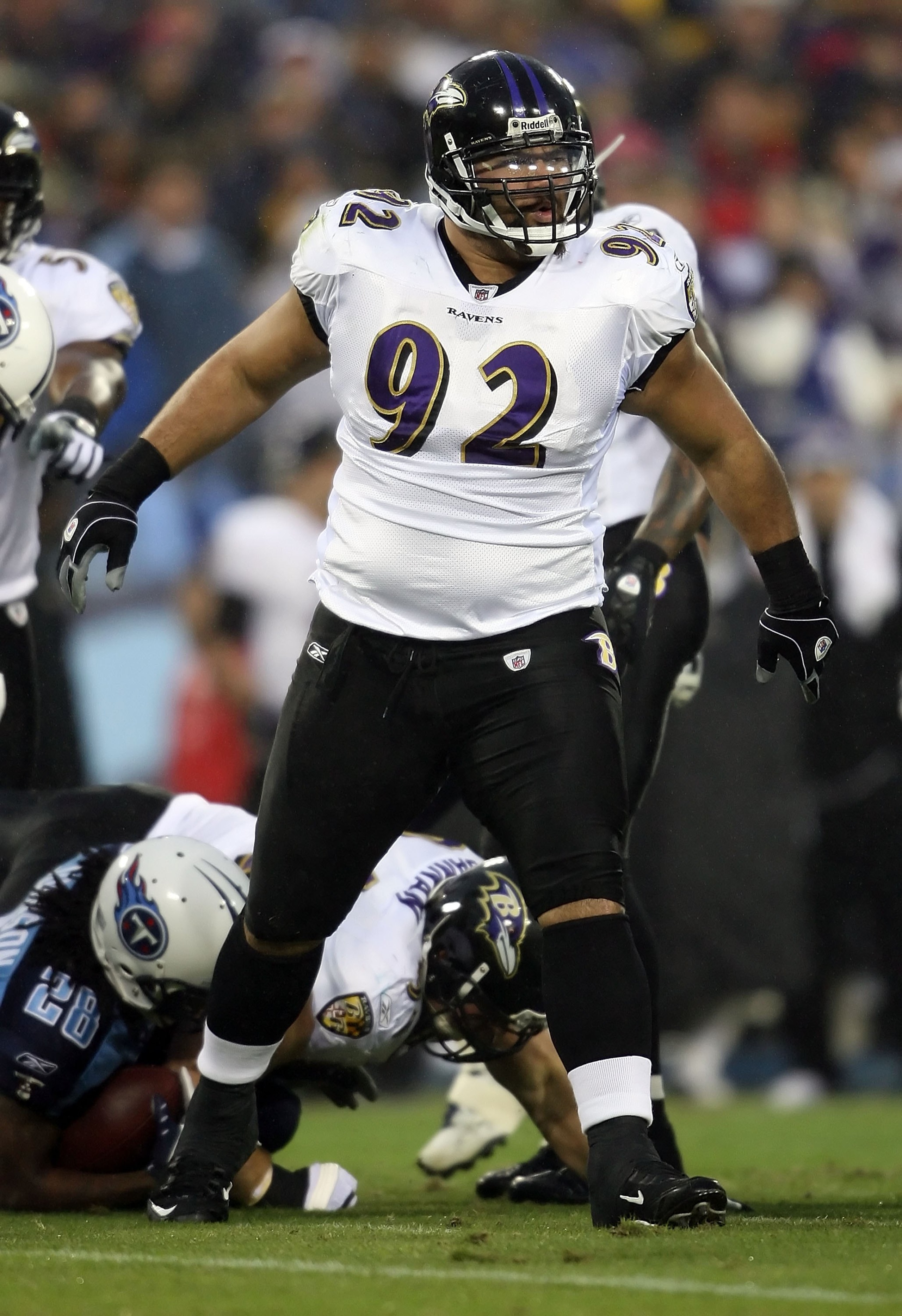 NASHVILLE, TN - JANUARY 10:  Defensive tackle Haloti Ngata #92 of the Baltimore Ravens reatcs against the Tennessee Titans during the AFC Divisional Playoff Game on January 10, 2009 at LP Field in Nashville, Tennessee.  (Photo by Andy Lyons/Getty Images)