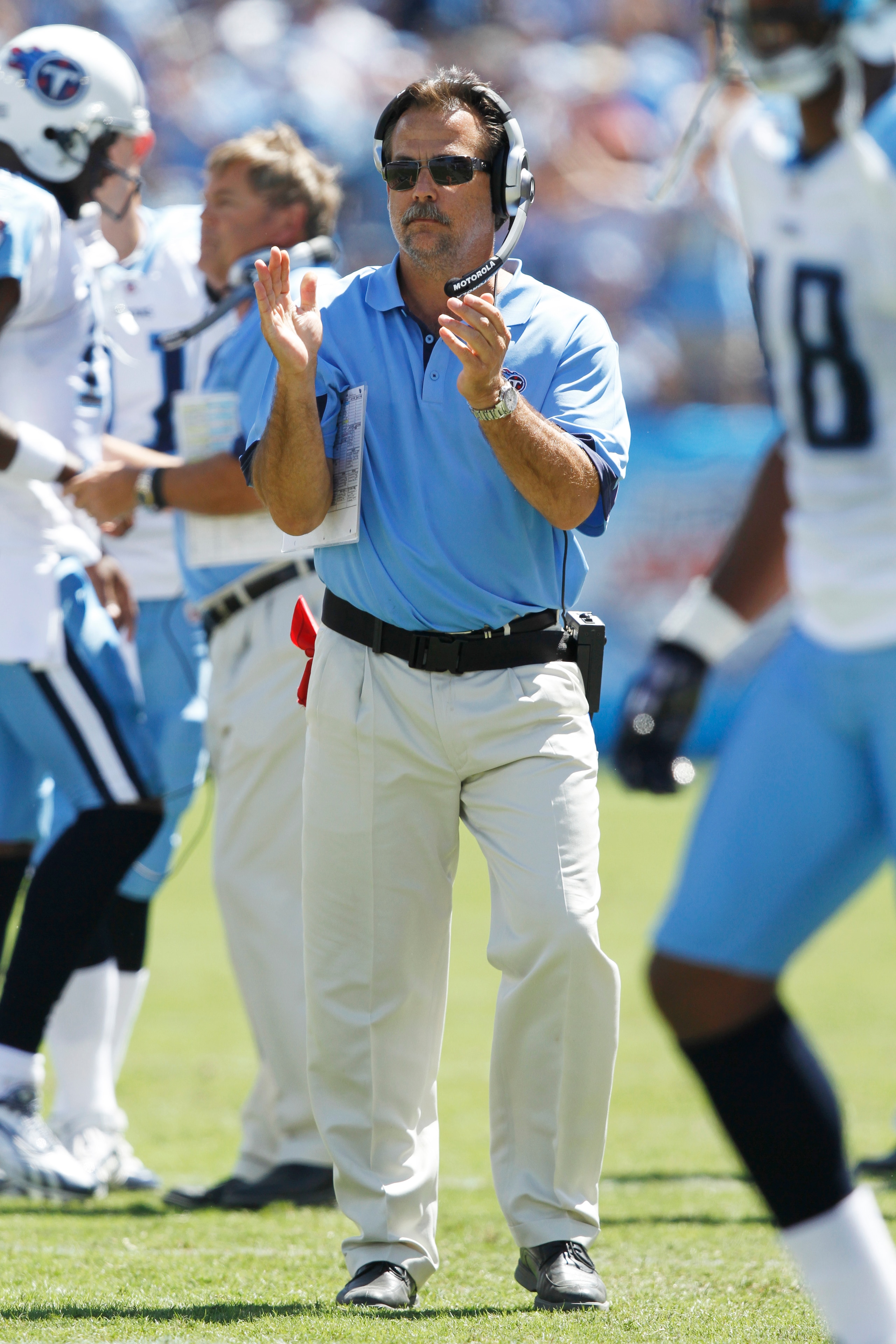 NASHVILLE - SEPTEMBER 12: Head coach Jeff Fisher of the Tennessee Titans looks on against the Oakland Raiders during the NFL season opener at LP Field on September 12, 2010 in Nashville, Tennessee. The Titans defeated the Raiders 38-13. (Photo by Joe Robb