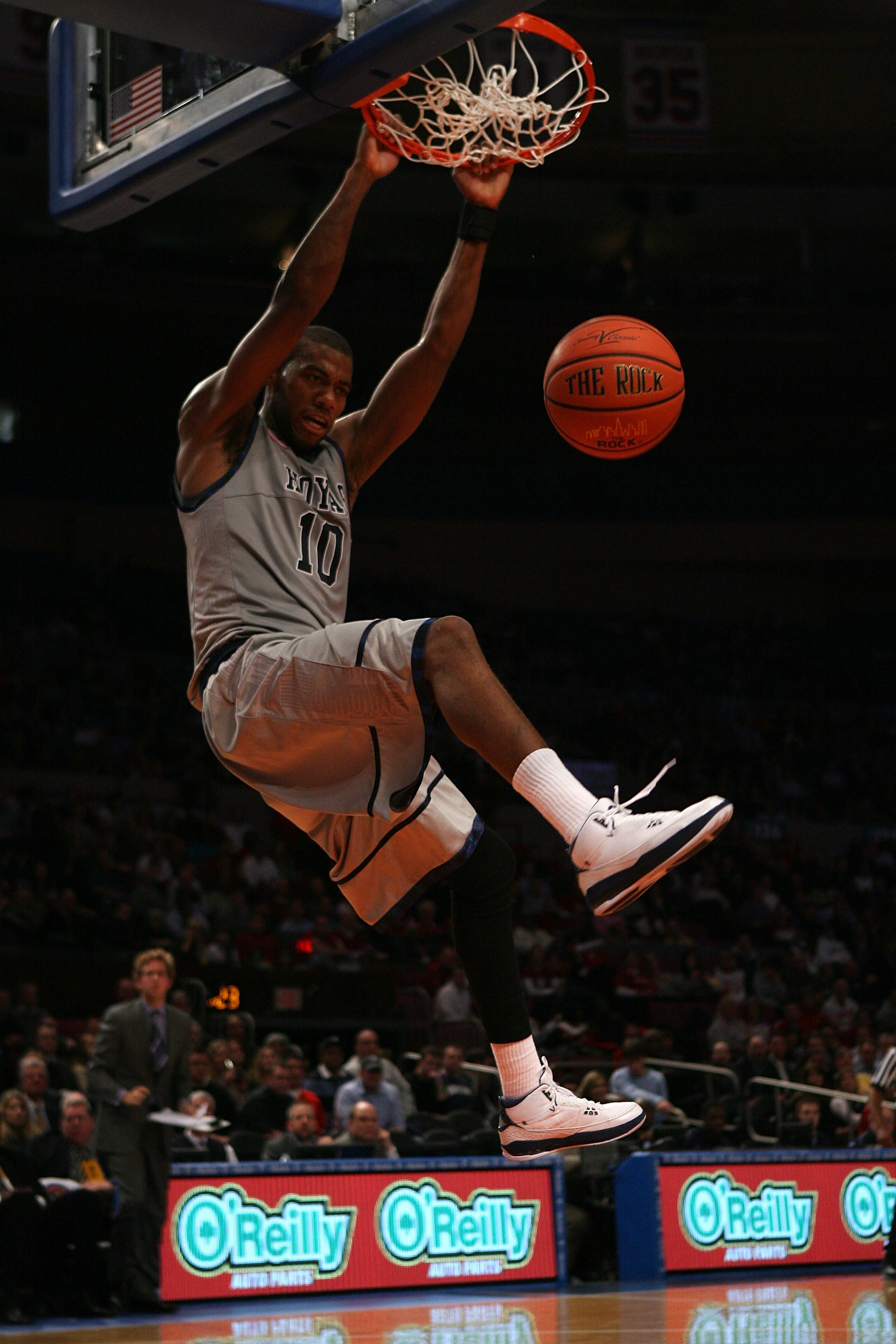NEW YORK - DECEMBER 08: Greg Monroe #10 of the Georgetown Hoyas dunks the ball against the Butler Bulldogs during the Jimmy V Classic at Madison Square Garden on December 8, 2009 in New York, New York. (Photo by Chris Trotman/Getty Images) NEW YORK - DECEMBER 08: Greg Monroe #10 of the Georgetown Hoyas dunks the ball against the Butler Bulldogs during the Jimmy V Classic at Madison Square Garden on December 8, 2009 in New York, New York. (Photo by Chris Trotman/Getty Images)