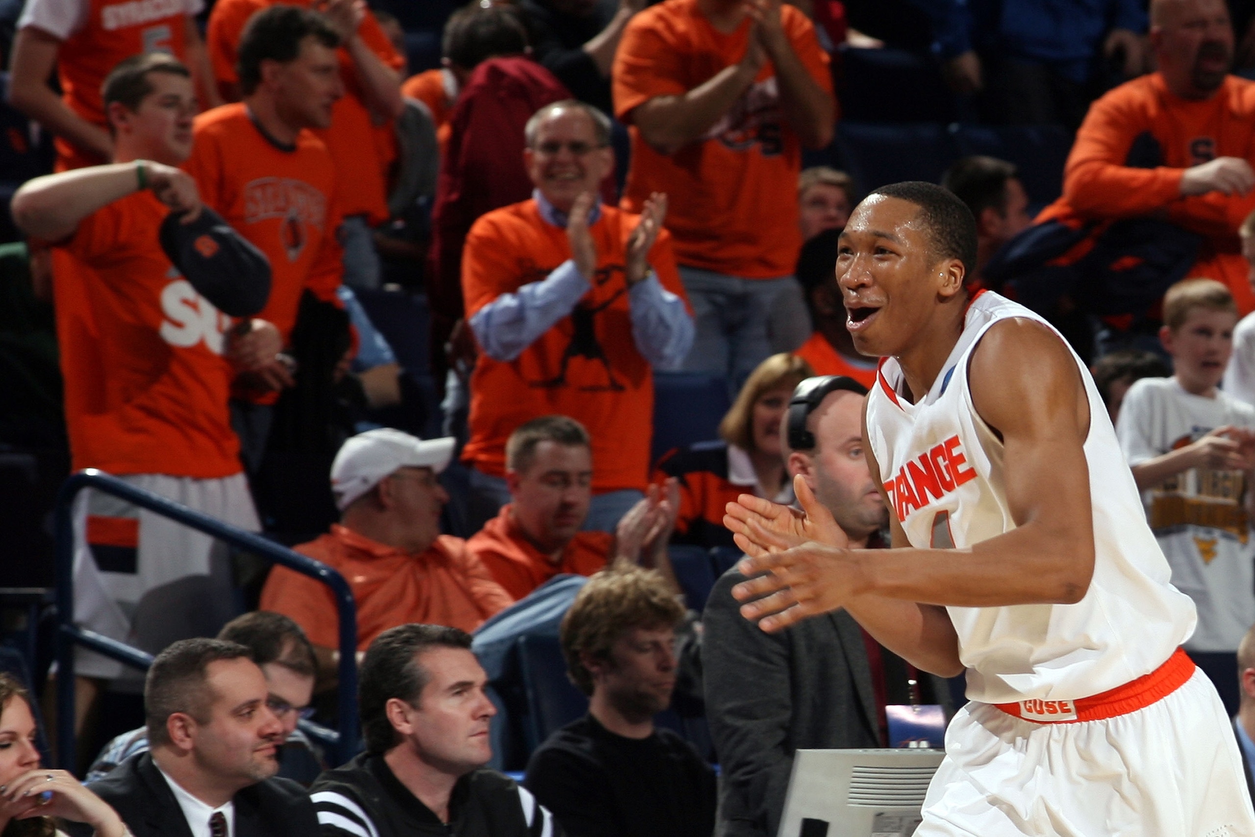 BUFFALO, NY - MARCH 19: Wes Johnson #4 of the Syracuse Orange celebrates after a play against the Vermont Catamounts during the first round of the 2010 NCAA men's basketball tournament at HSBC Arena on March 19, 2010 in Buffalo, New York. (Photo by Rick BUFFALO, NY - MARCH 19: Wes Johnson #4 of the Syracuse Orange celebrates after a play against the Vermont Catamounts during the first round of the 2010 NCAA men's basketball tournament at HSBC Arena on March 19, 2010 in Buffalo, New York. (Photo by Rick