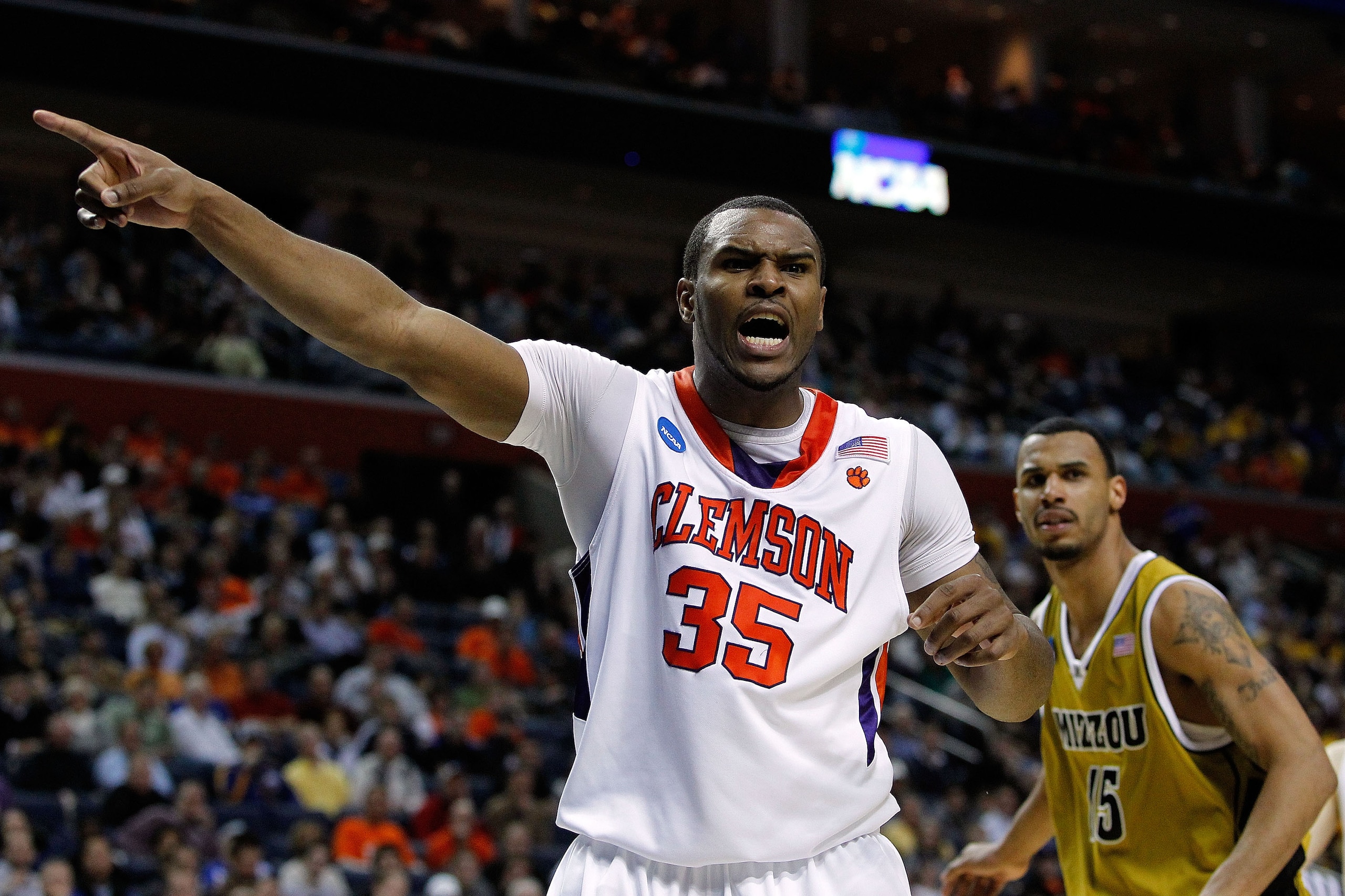 BUFFALO, NY - MARCH 19: Trevor Booker #35 of the Clemson Tigers reacts after a call while playing against the Missouri Tigers during the first round of the 2010 NCAA men's basketball tournament at HSBC Arena on March 19, 2010 in Buffalo, New York. (Phot BUFFALO, NY - MARCH 19: Trevor Booker #35 of the Clemson Tigers reacts after a call while playing against the Missouri Tigers during the first round of the 2010 NCAA men's basketball tournament at HSBC Arena on March 19, 2010 in Buffalo, New York. (Phot