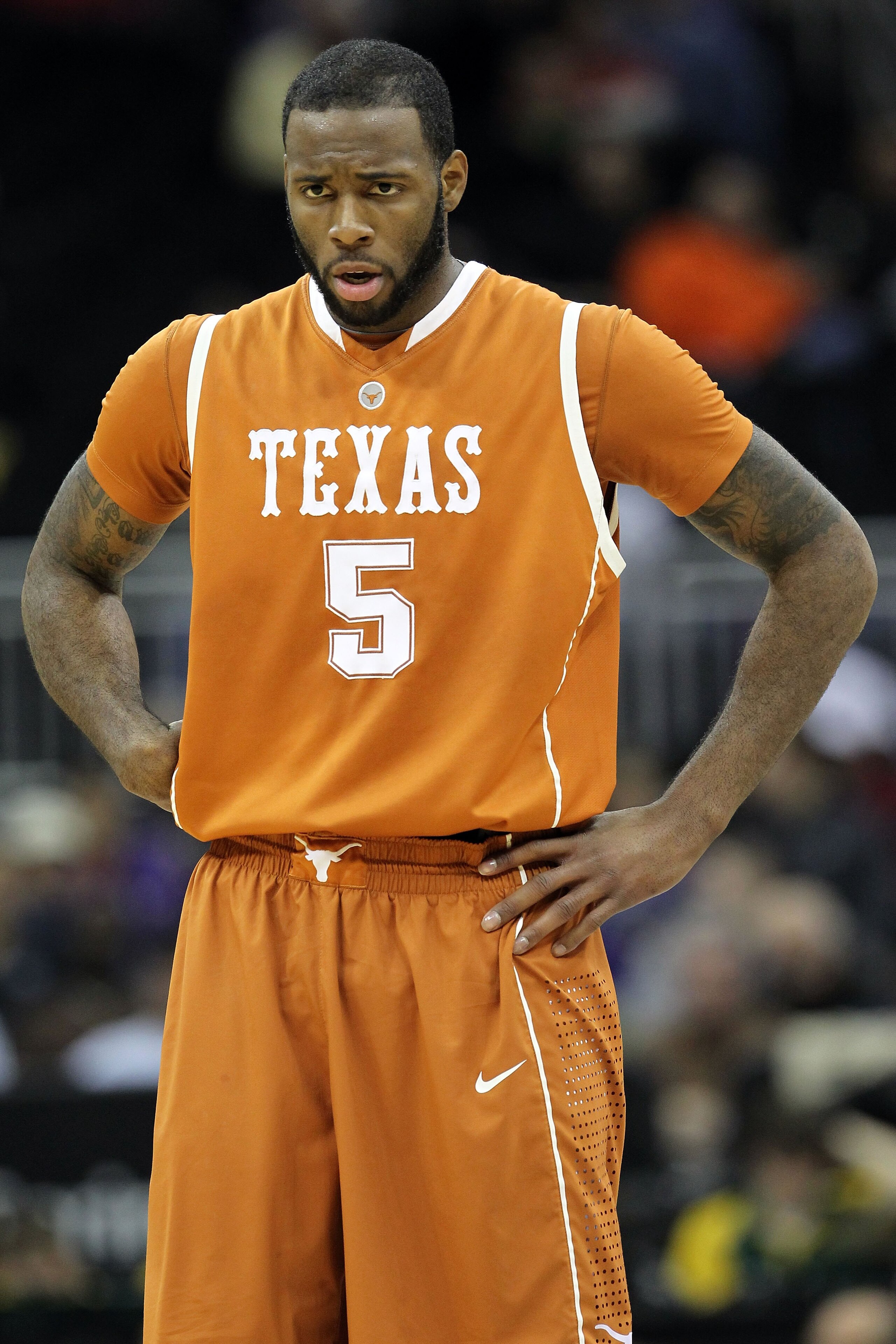 KANSAS CITY, MO - MARCH 11: Damion James #5 of the Texas Longhorns looks on while taking on the Baylor Bears during the quarterfinals of the 2010 Phillips 66 Big 12 Men's Basketball Tournament at the Sprint Center on March 11, 2010 in Kansas City, Missou KANSAS CITY, MO - MARCH 11: Damion James #5 of the Texas Longhorns looks on while taking on the Baylor Bears during the quarterfinals of the 2010 Phillips 66 Big 12 Men's Basketball Tournament at the Sprint Center on March 11, 2010 in Kansas City, Missou