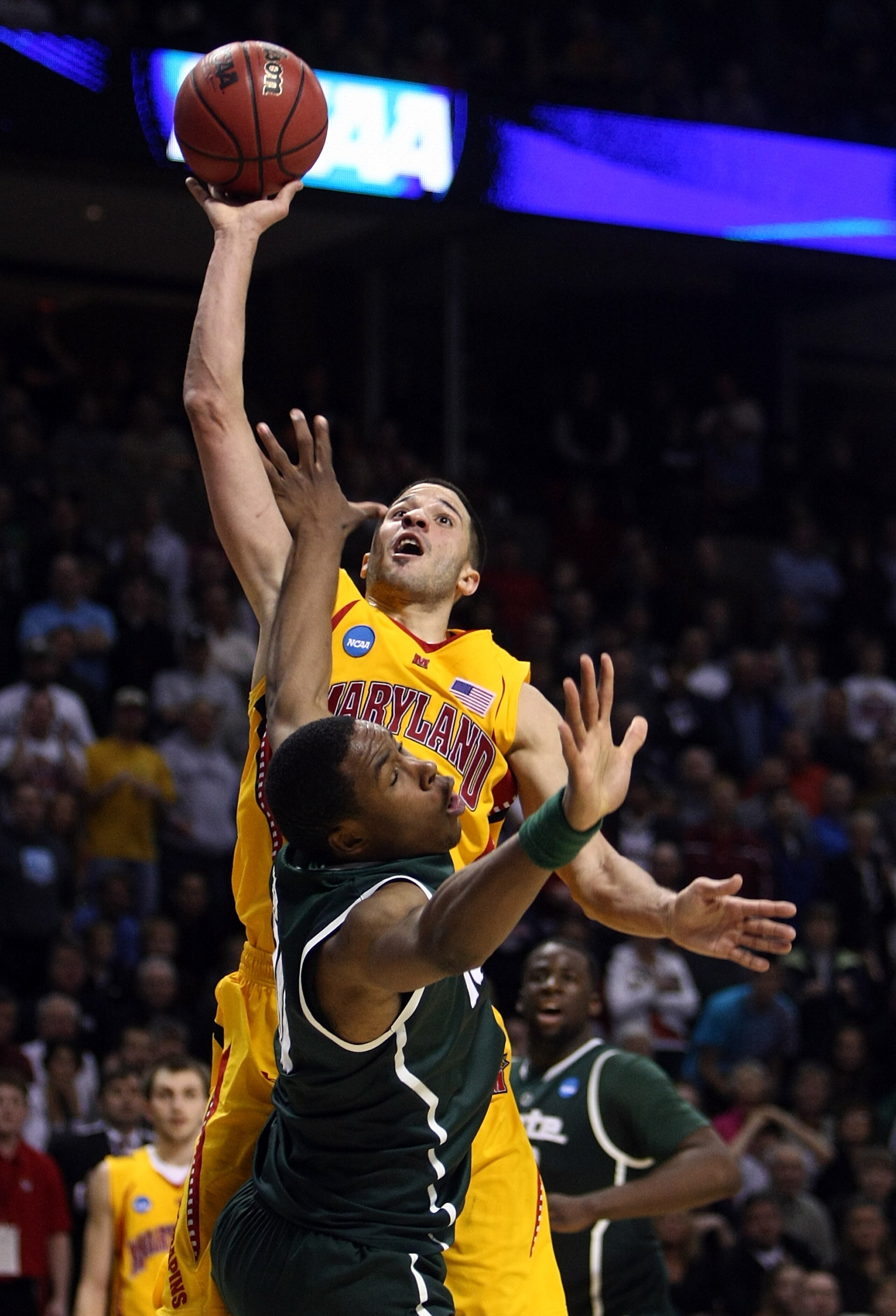 SPOKANE, WA - MARCH 21: Greivis Vasquez #21 of the Maryland Terrapins shoots over Delvon Roe #10 of the Michigan State Spartans during the second round of the 2010 NCAA men's basketball tournament at Spokane Arena on March 21, 2010 in Spokane, Washington SPOKANE, WA - MARCH 21: Greivis Vasquez #21 of the Maryland Terrapins shoots over Delvon Roe #10 of the Michigan State Spartans during the second round of the 2010 NCAA men's basketball tournament at Spokane Arena on March 21, 2010 in Spokane, Washington