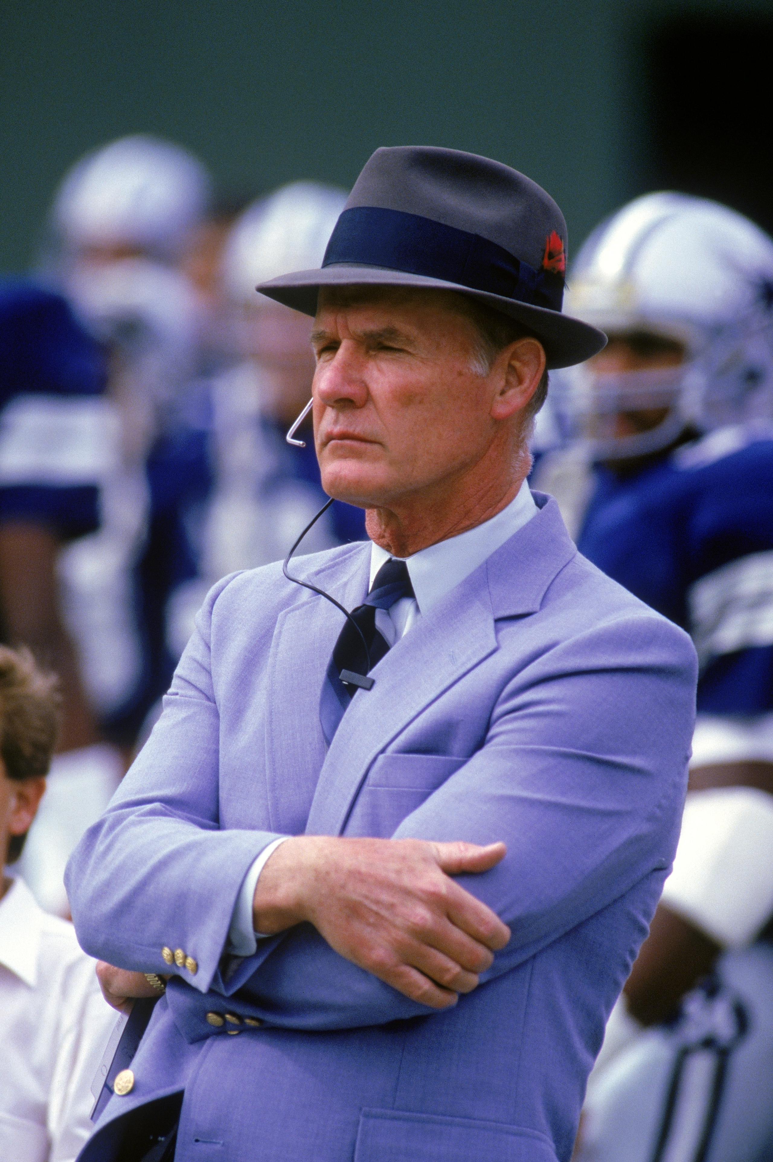 SAN DIEGO - NOVEMBER 16:  Head coach Tom Landry of the Dallas Cowboys watches from the sideline during a game against the San Diego Chargers on November 16, 1986.  Tom Landry coached the Cowboys from 1960 to 1988, leading them to two Super Bowl victories.
