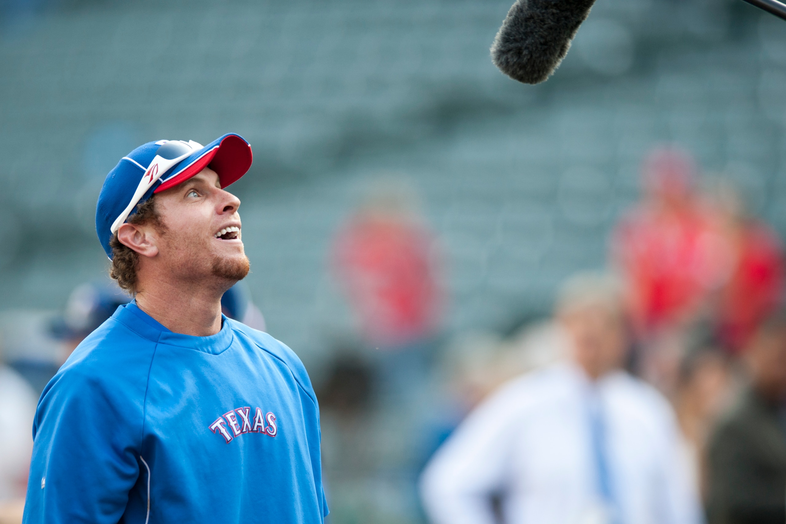ARLINGTON, TX - OCTOBER 5:  Josh Hamilton #32 of the Texas Rangers looks at a camera crews microphone during batting practice before the American League Wild Card game against the /TEAM on October 5, 2012 at the Rangers Ballpark in Arlington, Texas.  (Pho