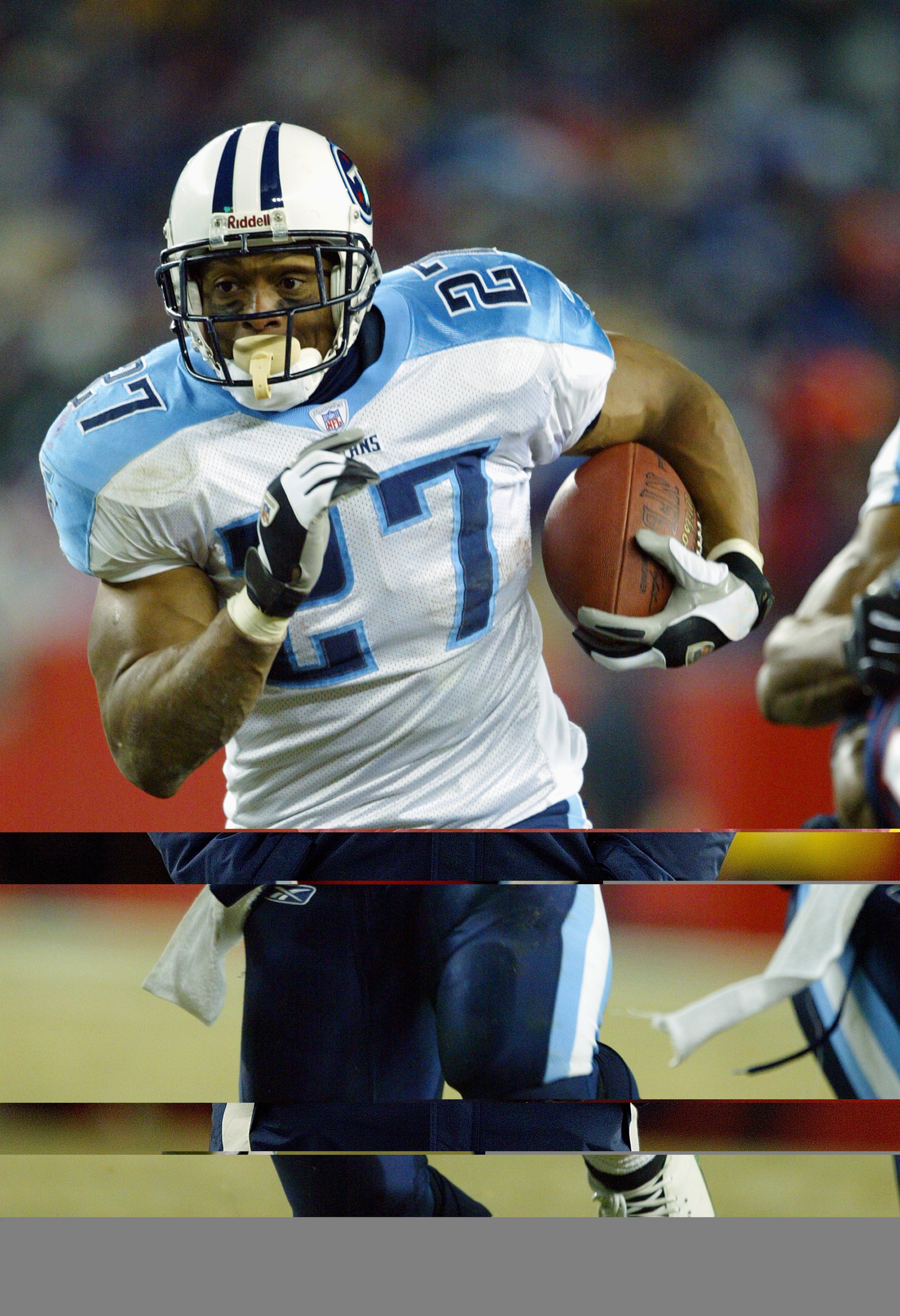 FOXBORO, MA - JANUARY 10:  Running back Eddie George #27 of the Tennessee Titans carries the football against the New England Patriots in the AFC divisional playoffs on January 10, 2004 at Gillette Stadium in Foxboro, Massachusetts. The Patriots won 17-14