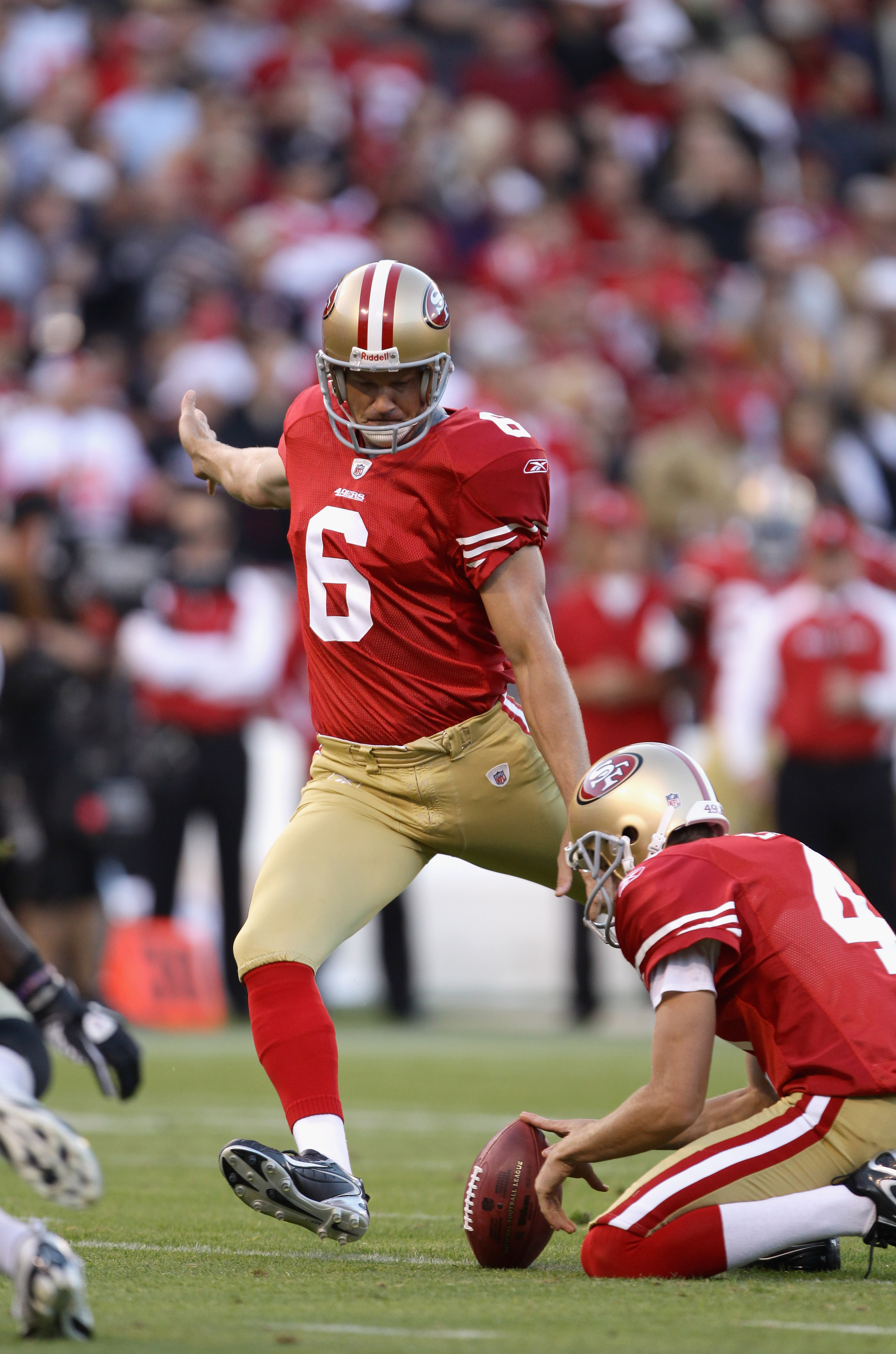 SAN FRANCISCO - SEPTEMBER 20: Joe Nedney #6 of the San Francisco 49ers kicks a field goal during their game against the New Orleans Saints at Candlestick Park on September 20, 2010 in San Francisco, California. (Photo by Ezra Shaw/Getty Images)