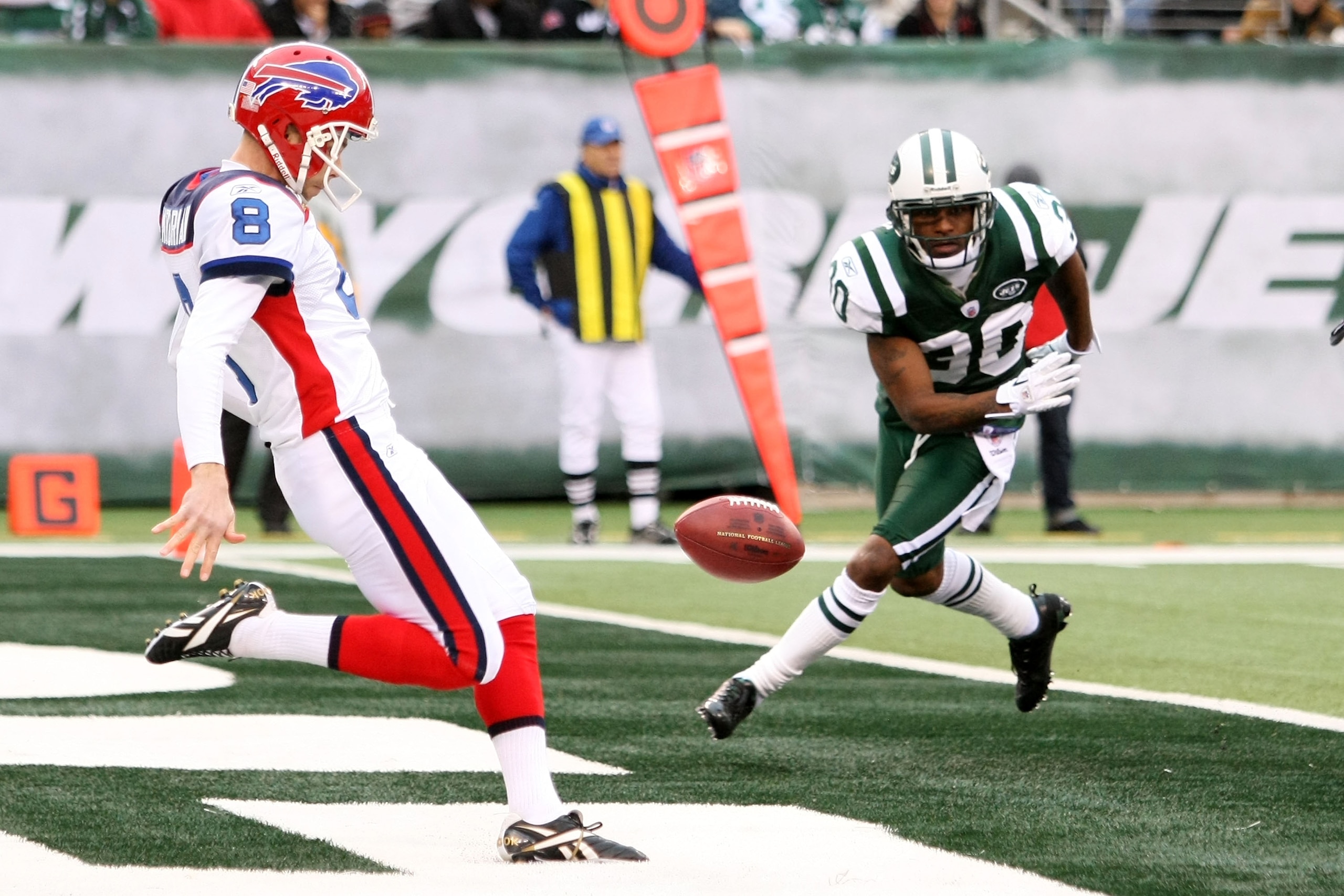 EAST RUTHERFORD, NJ - JANUARY 02:  Brian Moorman #8 of the Buffalo Bills punts against the defense of Drew Coleman #30 of the New York Jets at New Meadowlands Stadium on January 2, 2011 in East Rutherford, New Jersey.  (Photo by Michael Heiman/Getty Image