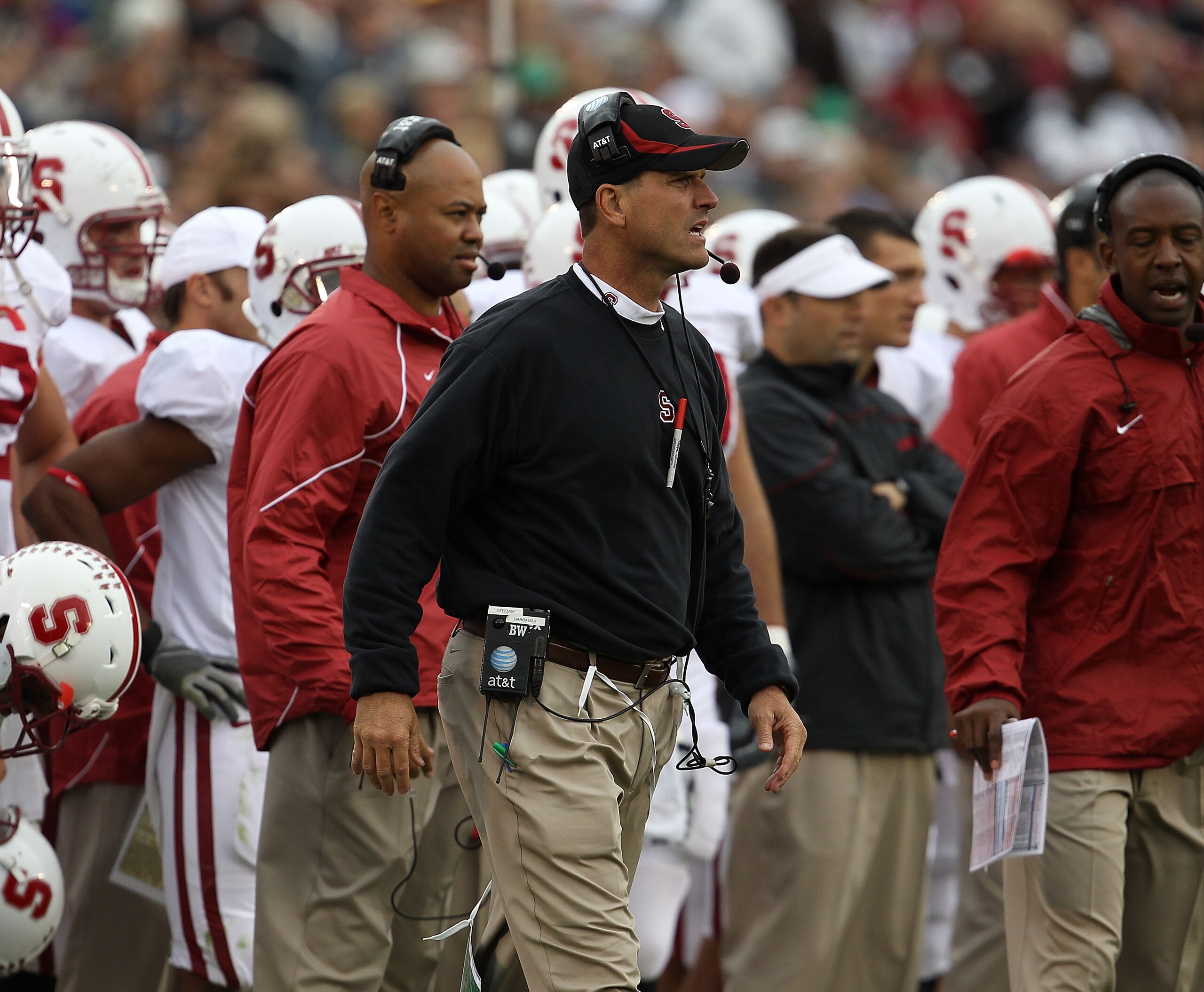 SOUTH BEND, IN - SEPTEMBER 25: Head coach Jim Harbaugh of the Stanford Cardinal watches as his team takes on the Notre Dame Fighting Irish at Notre Dame Stadium on September 25, 2010 in South Bend, Indiana. Stanford defeated Notre Dame 37-14. (Photo by Jo SOUTH BEND, IN - SEPTEMBER 25: Head coach Jim Harbaugh of the Stanford Cardinal watches as his team takes on the Notre Dame Fighting Irish at Notre Dame Stadium on September 25, 2010 in South Bend, Indiana. Stanford defeated Notre Dame 37-14. (Photo by Jo