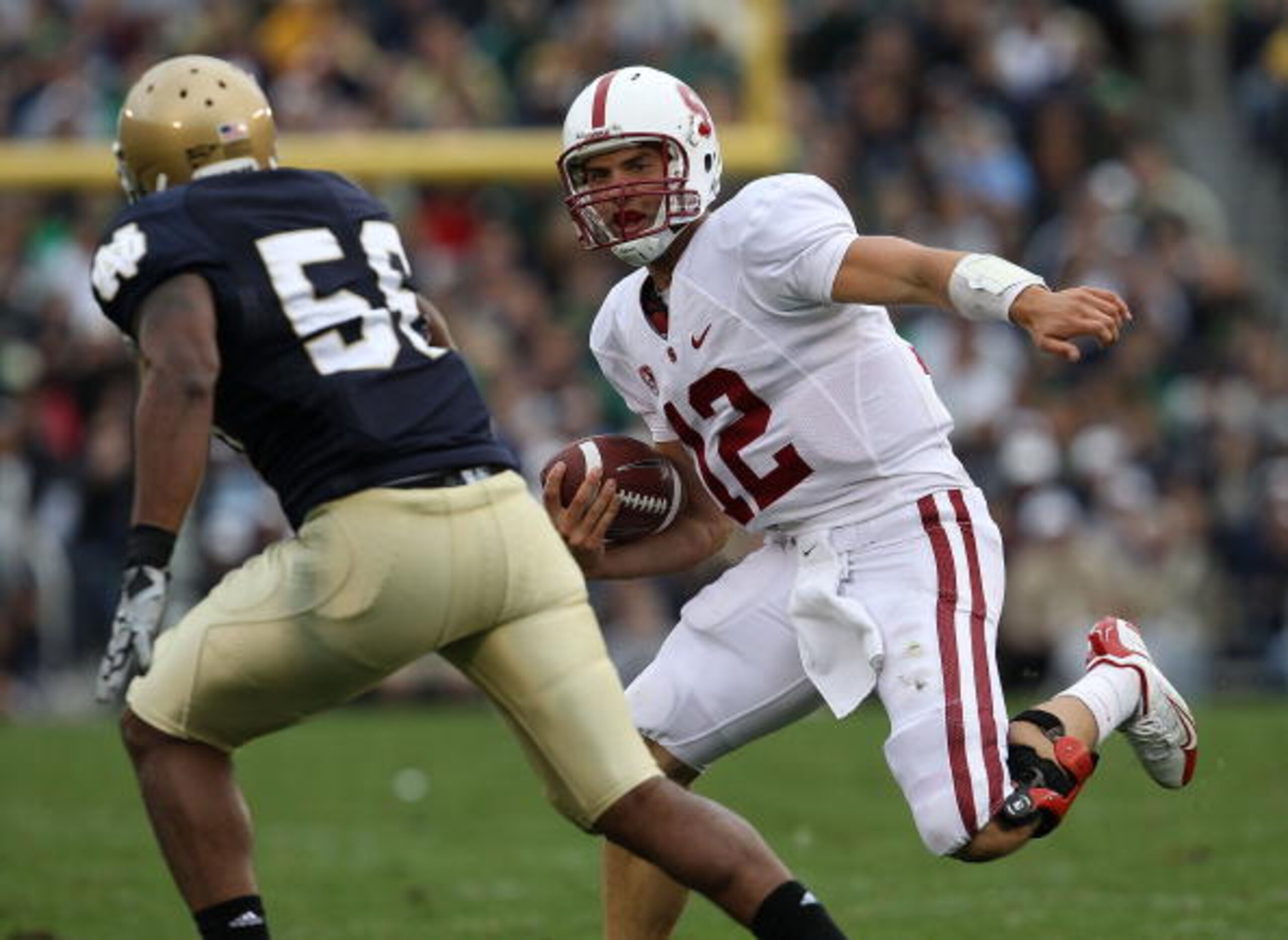 SOUTH BEND, IN - SEPTEMBER 25: Andrew Luck #12 of the Stanford Cardinal runs for yardage as Kerry Neal #56 of the Notre Dame Fighting Irish closes in at Notre Dame Stadium on September 25, 2010 in South Bend, Indiana. (Photo by Jonathan Daniel/Getty Image