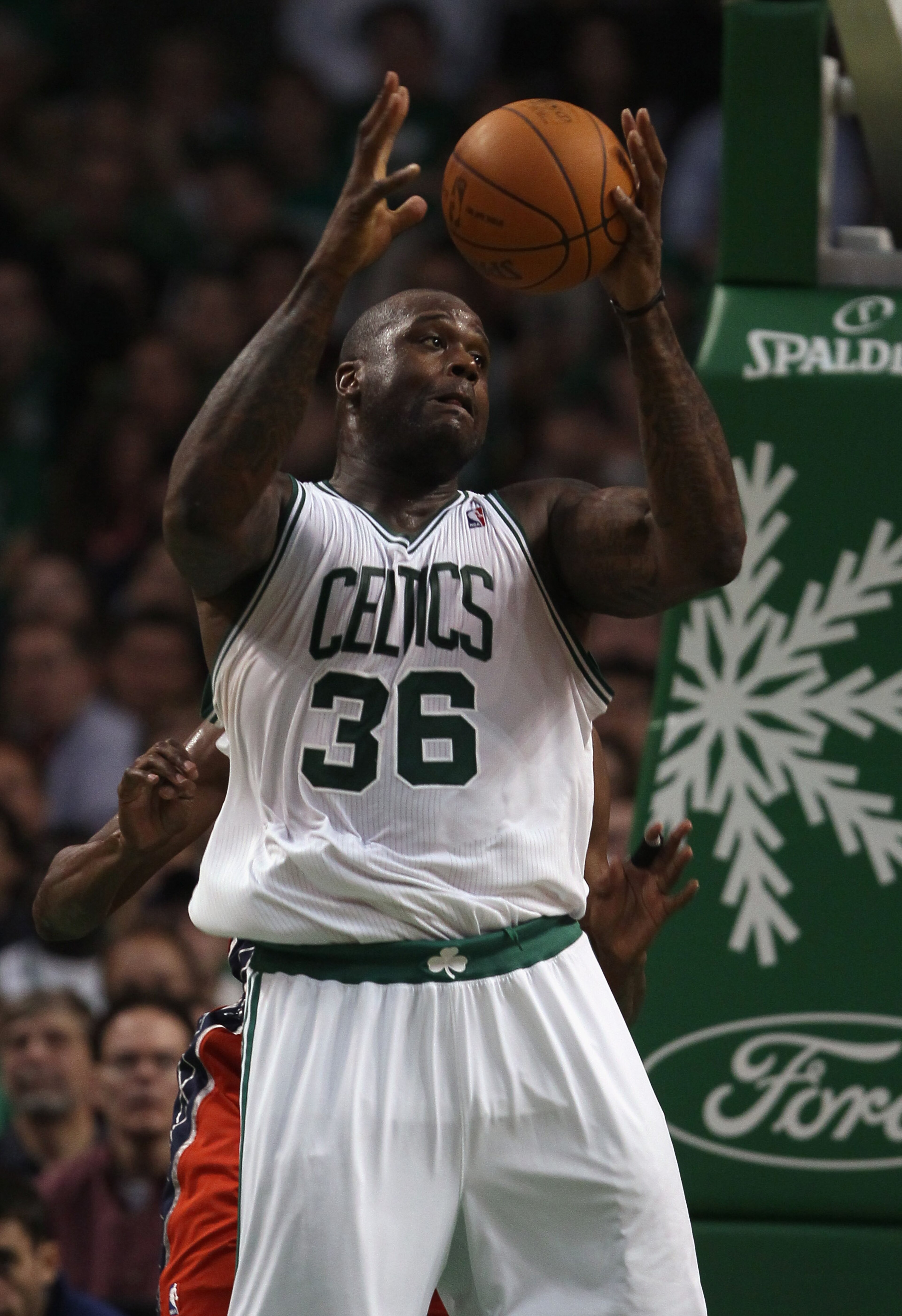 BOSTON - NOVEMBER 24: Shaquille O'Neal #36 of the Boston Celtics grabs the ball in the second half against the New Jersey Nets on November 24, 2010 at the TD Garden in Boston, Massachusetts. The Celtics defeated the nets 89-83. NOTE TO USER: User express BOSTON - NOVEMBER 24: Shaquille O'Neal #36 of the Boston Celtics grabs the ball in the second half against the New Jersey Nets on November 24, 2010 at the TD Garden in Boston, Massachusetts. The Celtics defeated the nets 89-83. NOTE TO USER: User express