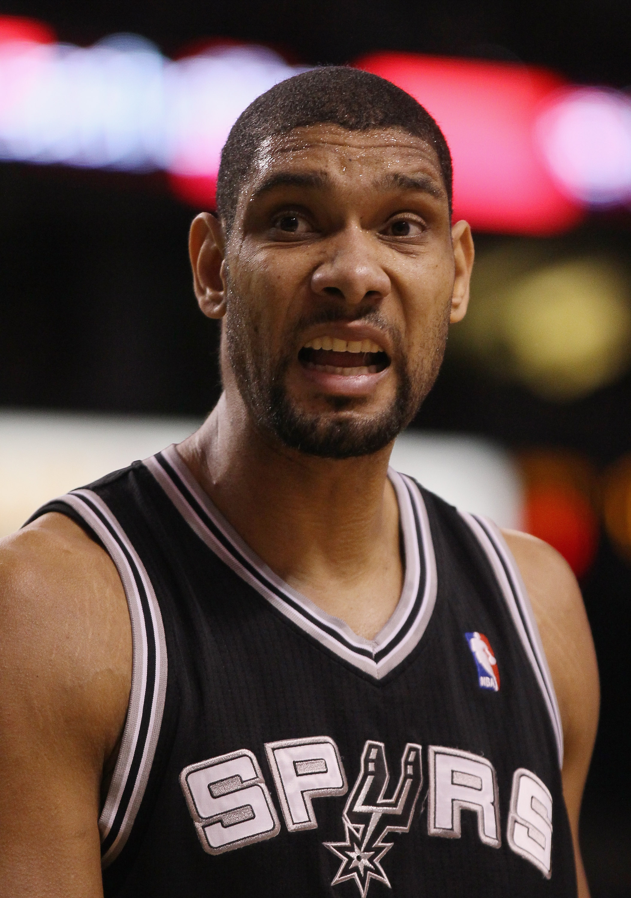 BOSTON, MA - JANUARY 05:  Tim Duncan #21 of the San Antonio Spurs reacts to a traveling call against him in the first half against the Boston Celtics on January 5, 2011 at the TD Garden in Boston, Massachusetts. NOTE TO USER: User expressly acknowledges a