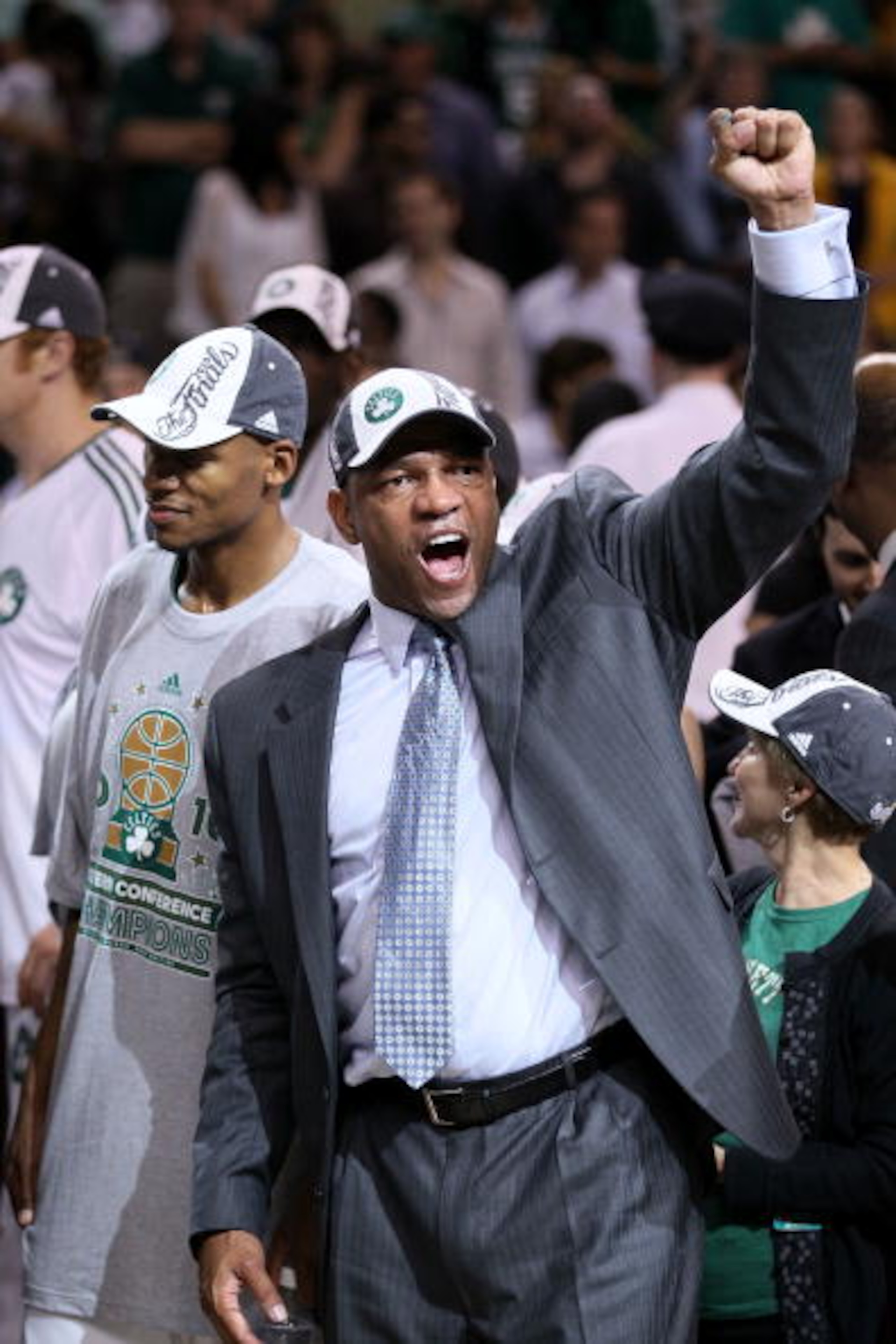 BOSTON - MAY 28:  Head coach Doc Rivers of the Boston Celtics celebrates after the Celtics won 96-84 against the Orlando Magic in Game Six of the Eastern Conference Finals during the 2010 NBA Playoffs at TD Garden on May 28, 2010 in Boston, Massachusetts.