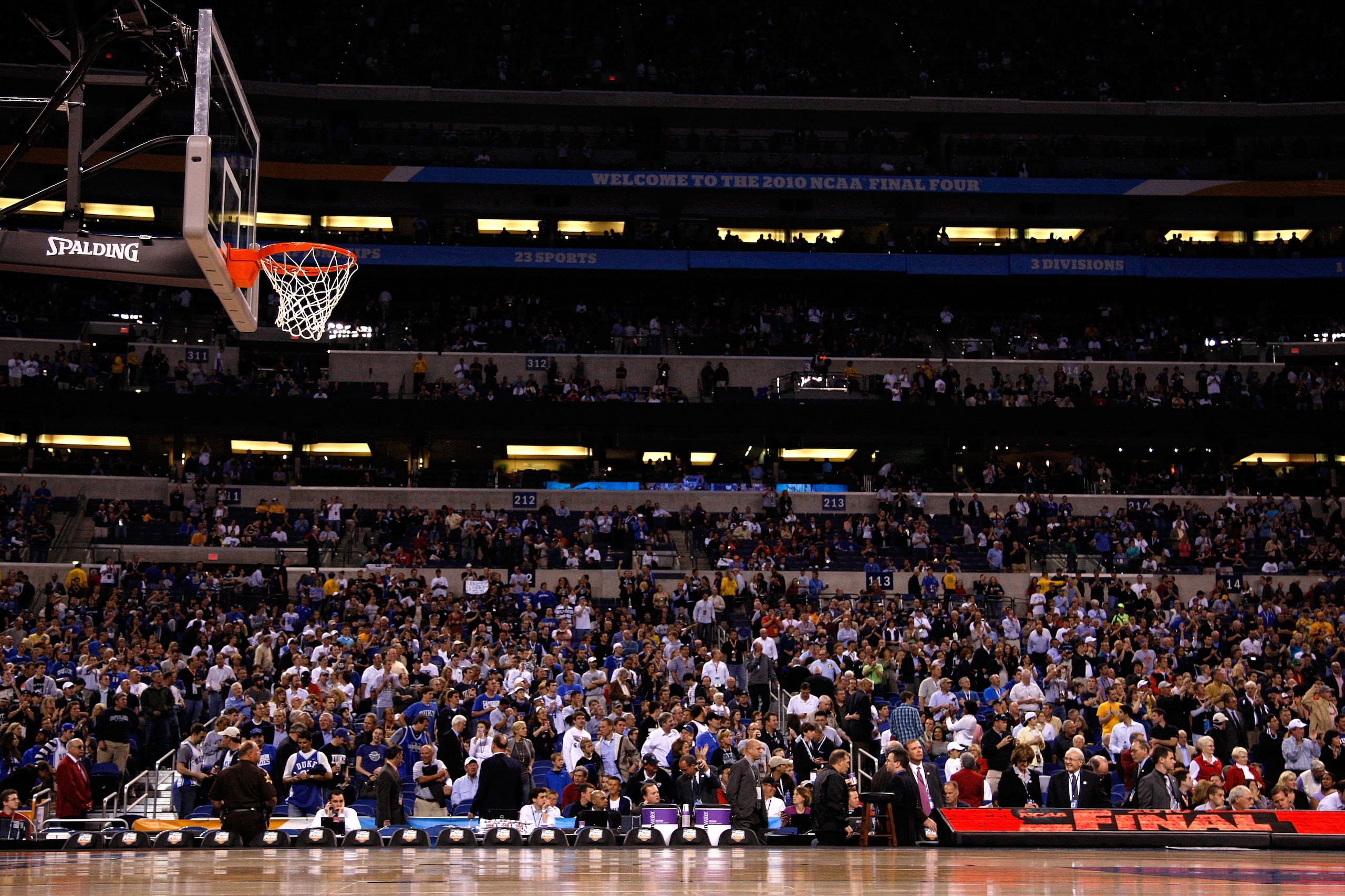 INDIANAPOLIS - APRIL 05:  A general view of the empty court from a side view as the Butler Bulldogs play against the Duke Blue Devils during the 2010 NCAA Division I Men's Basketball National Championship game at Lucas Oil Stadium on April 5, 2010 in Indi