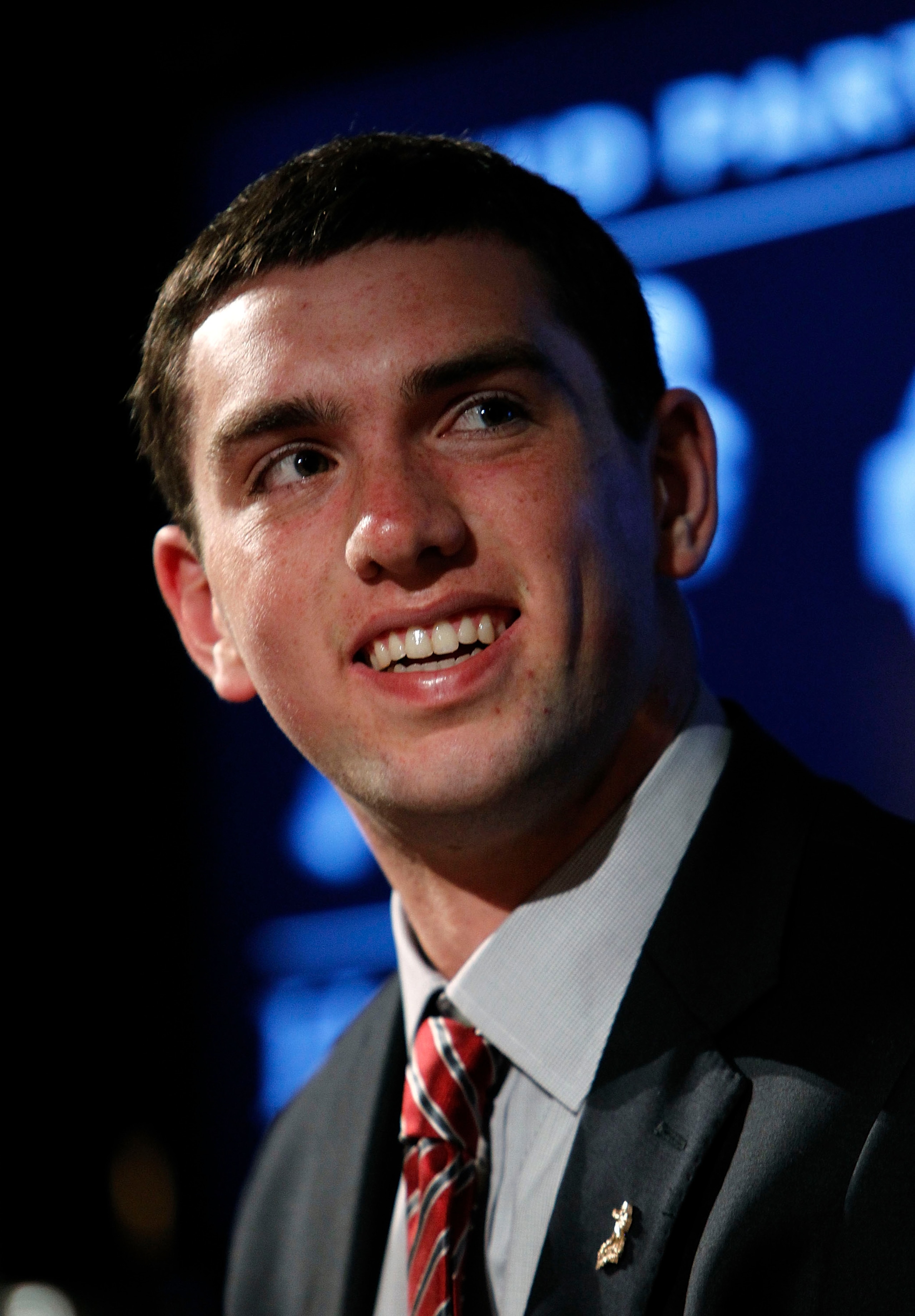 NEW YORK - DECEMBER 11:  2010 Heisman Trophy candidate Andrew Luck of the Stanford University Cardinals listens to a question at a press conference at The New York Marriott Marquis on December 11, 2010 in New York City.  (Photo by Jeff Zelevansky/Getty Im