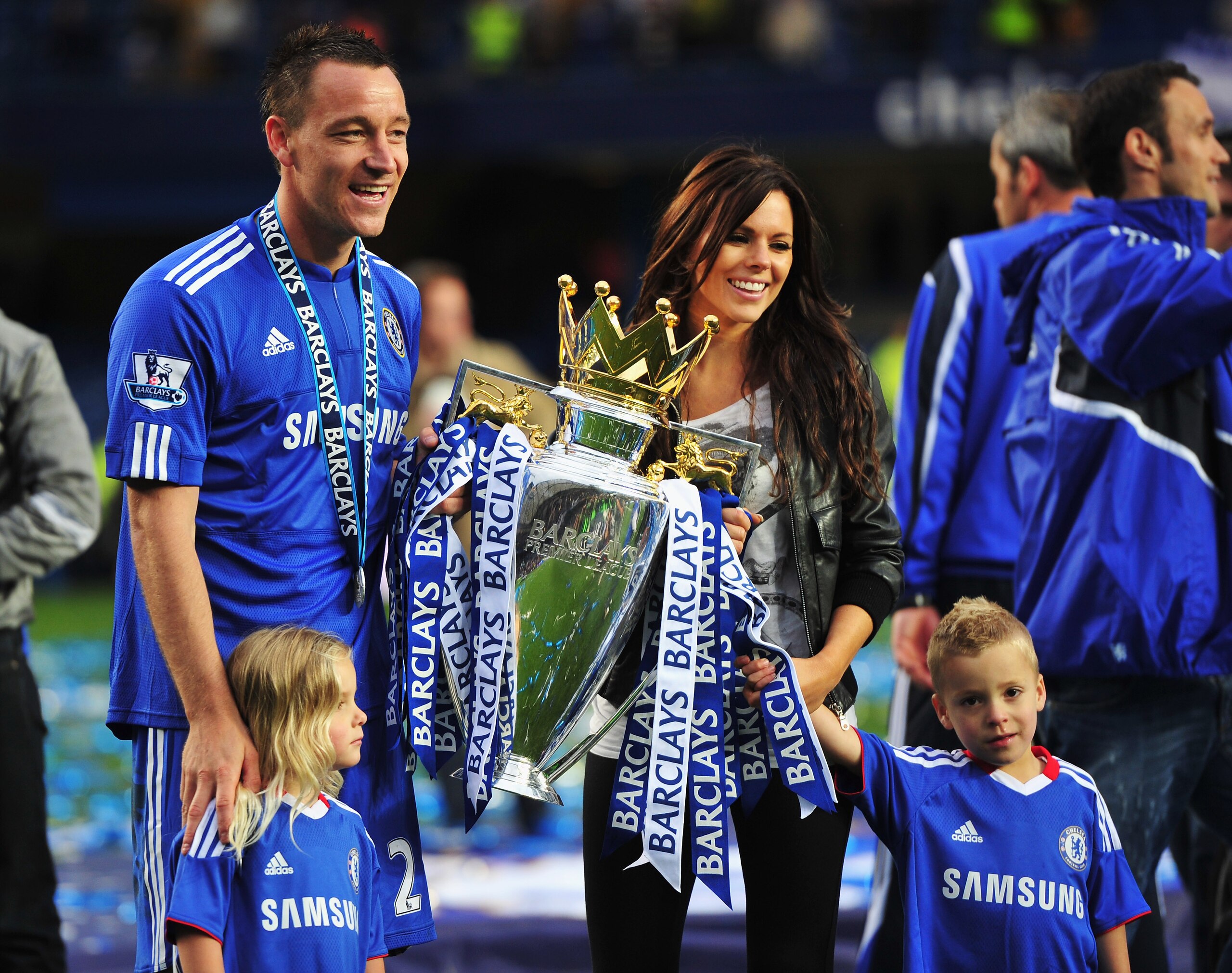 LONDON, ENGLAND - MAY 09:  John Terry of Chelsea celebrates with wife Toni and his children as they win the title after the Barclays Premier League match between Chelsea and Wigan Athletic at Stamford Bridge on May 9, 2010 in London, England. Chelsea won
