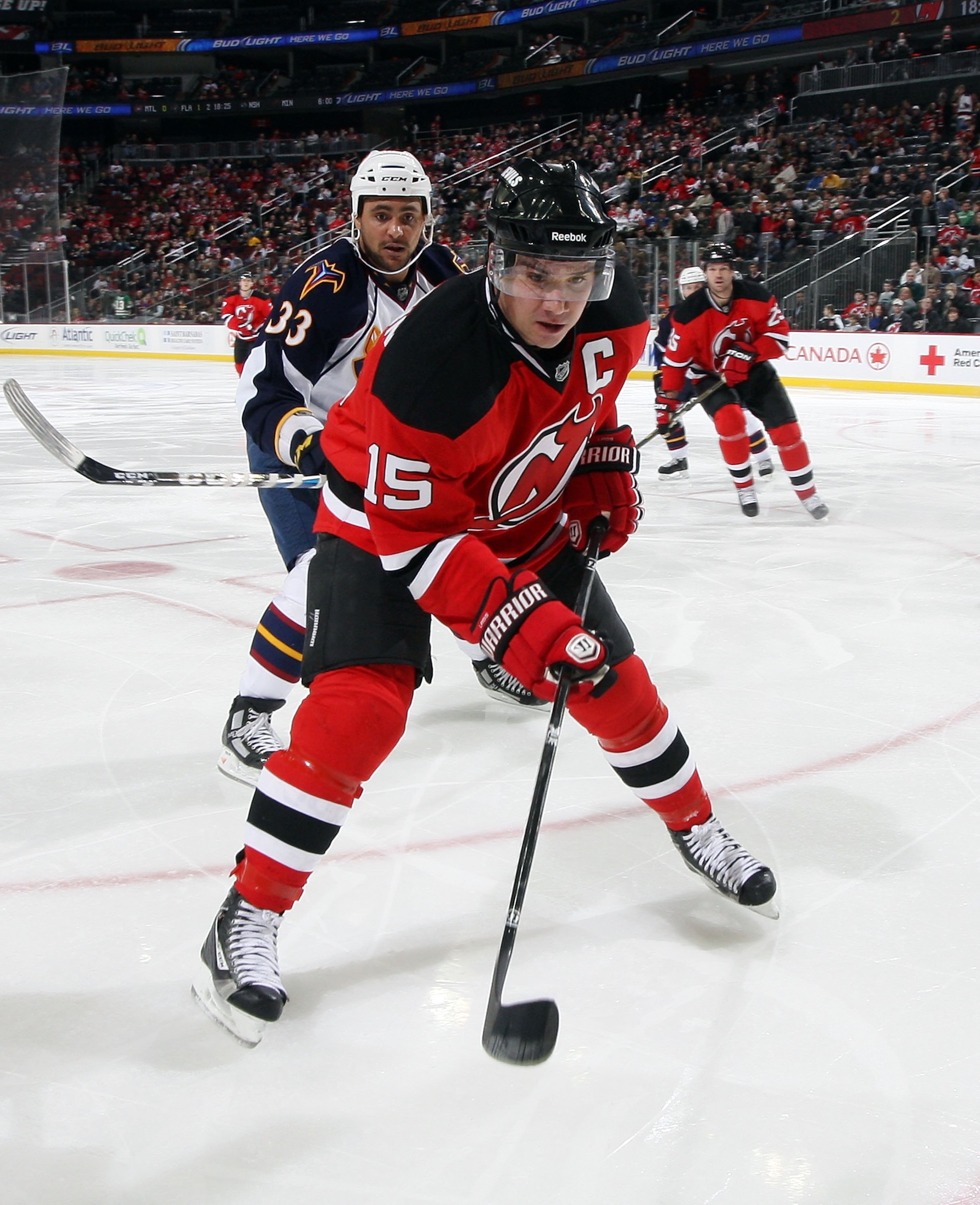 NEWARK, NJ - DECEMBER 31:  Jamie Langenbrunner #15 of the New Jersey Devils skates against the Atlanta Thrashers at the Prudential Center on December 31, 2010 in Newark, New Jersey.  (Photo by Jim McIsaac/Getty Images)