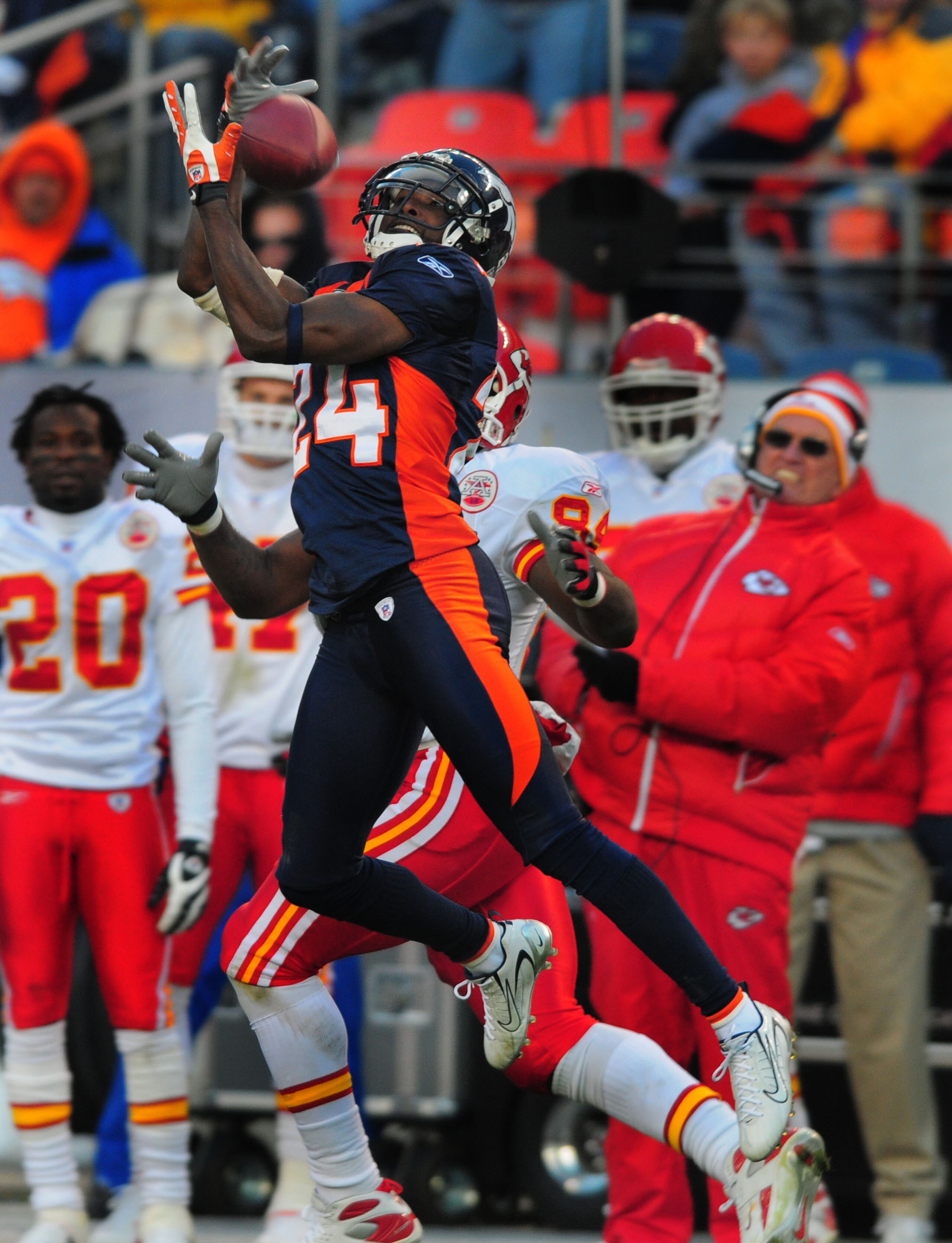 DENVER - DECEMBER 9: Champ Bailey #24 of the Denver Broncos intercepts a pass thrown by Brodie Croyle of the Kansas City Chiefs in the third quarter of the game at Invesco Field at Mile High December 9, 2007 in Denver, Colorado. (Photo by Steve Dykes/Ge DENVER - DECEMBER 9: Champ Bailey #24 of the Denver Broncos intercepts a pass thrown by Brodie Croyle of the Kansas City Chiefs in the third quarter of the game at Invesco Field at Mile High December 9, 2007 in Denver, Colorado. (Photo by Steve Dykes/Ge