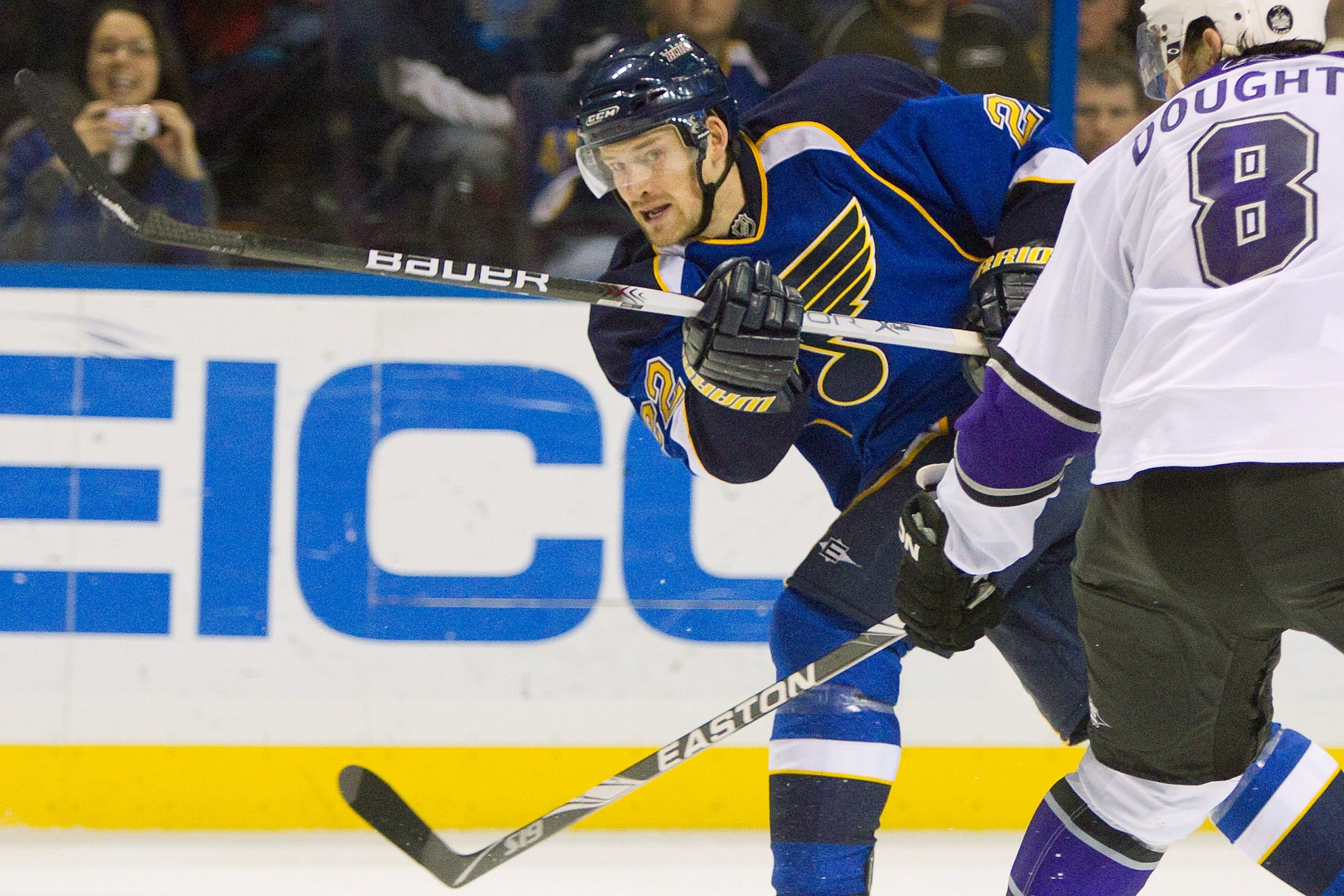 ST. LOUIS, MO - DECEMBER 16: Brad Boyes #22 of the St. Louis Blues takes a shot on goal against the Los Angeles Kings at the Scottrade Center on December 16, 2010 in St. Louis, Missouri.  The Blues defeated the Kings 6-4.  (Photo by Dilip Vishwanat/Getty 