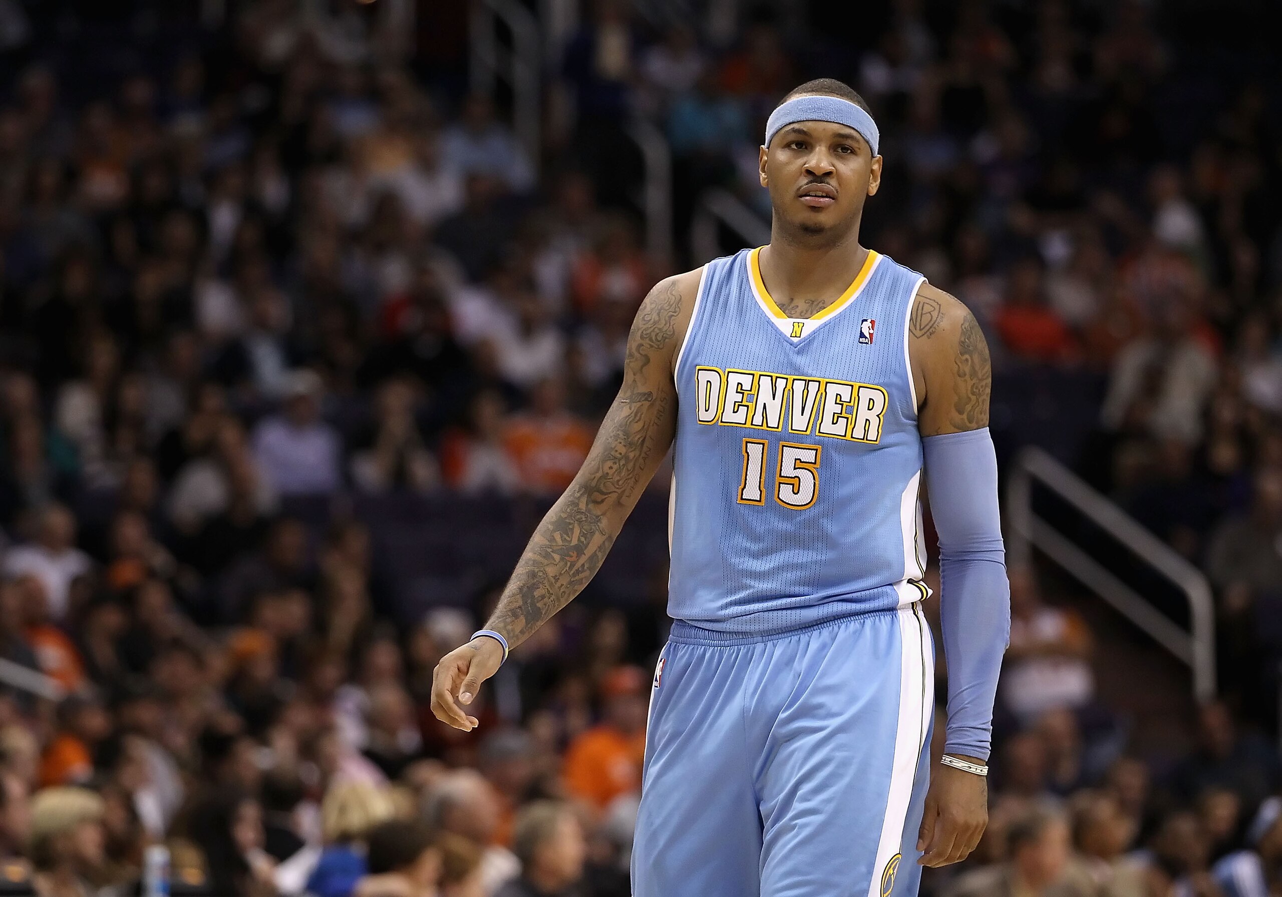 PHOENIX - NOVEMBER 15:  Carmelo Anthony #15 of the Denver Nuggets during the NBA game against the Phoenix Suns at US Airways Center on November 15, 2010 in Phoenix, Arizona.  The Suns defeated the Nuggets 100-94.  NOTE TO USER: User expressly acknowledges