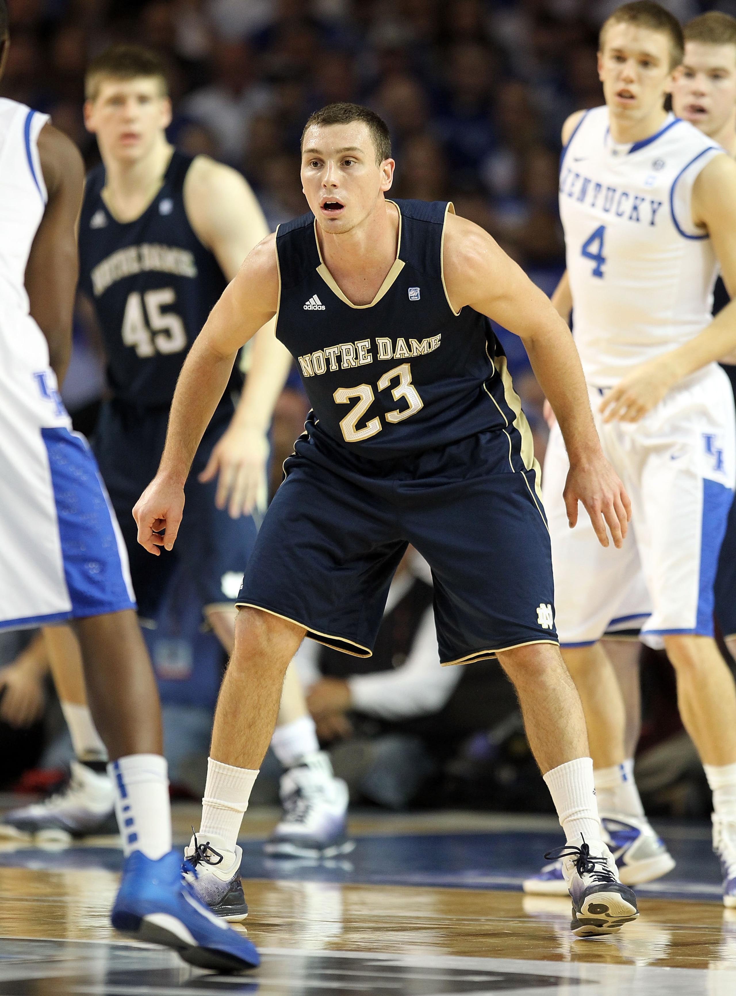 LOUISVILLE, KY - DECEMBER 08:  Ben Hansbrough #23 of the Notre Dame Fighting Irish plays defense during the game against the Kentucky Wildcats in the 2010 DIRECTV SEC/BIG EAST Invitational at Freedom Hall on December 8, 2010 in Louisville, Kentucky.  (Pho