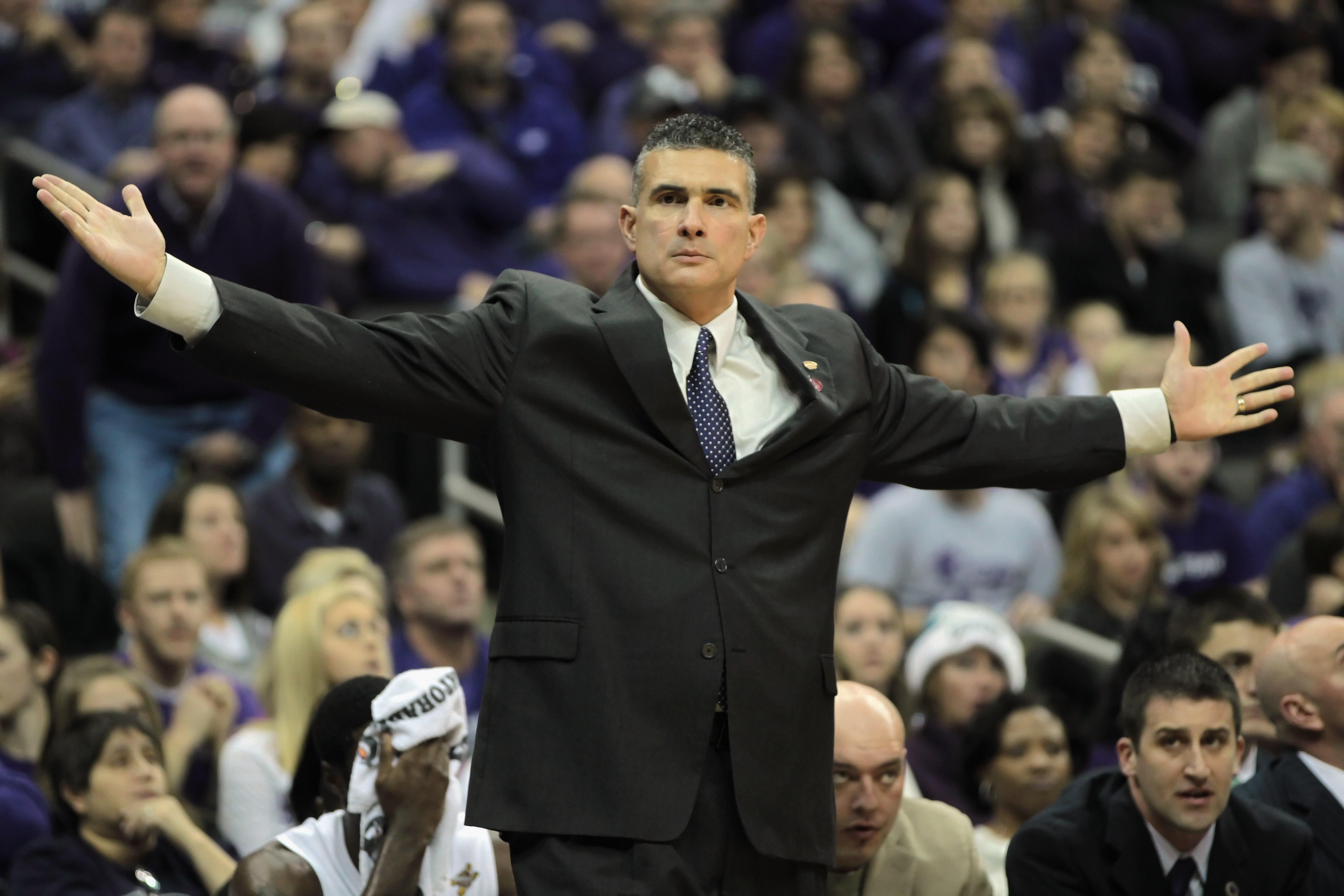 KANSAS CITY, MO - DECEMBER 21:  Head coach Frank Martin of the Kansas State Wildcats reacts from the bench during the game against the UNLV Rebels on December 21, 2010 at the Sprint Center in Kansas City, Missouri.  (Photo by Jamie Squire/Getty Images)
