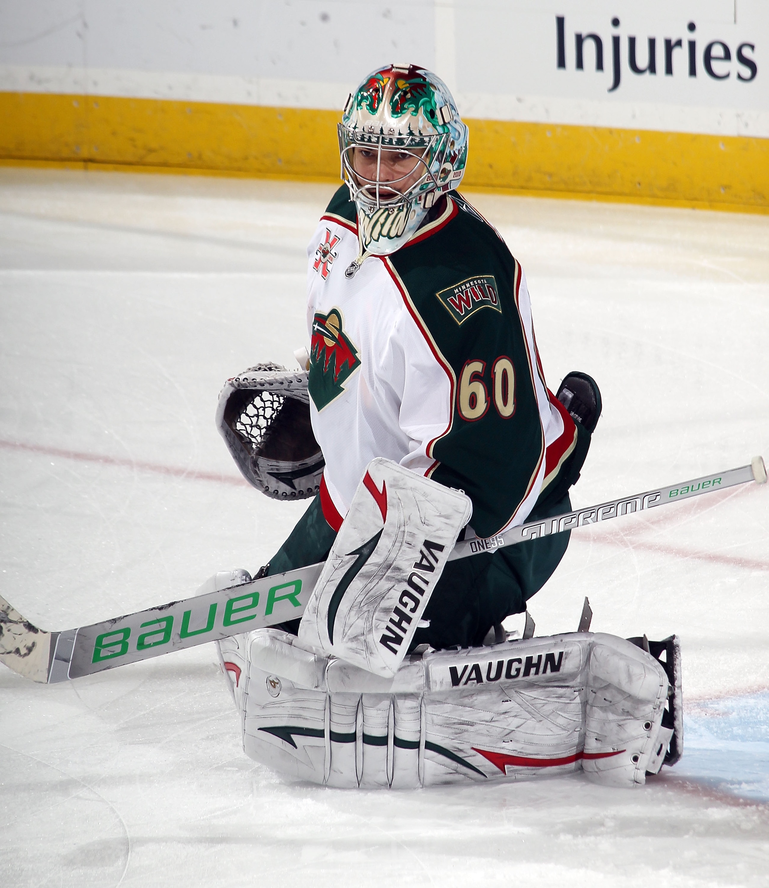 NEWARK, NJ - JANUARY 04:  Jose Theodore #60 of the Minnesota Wild skates against the New Jersey Devils at the Prudential Center on January 4, 2011 in Newark, New Jersey. The Wild defeated the Devils 2-1.  (Photo by Bruce Bennett/Getty Images)