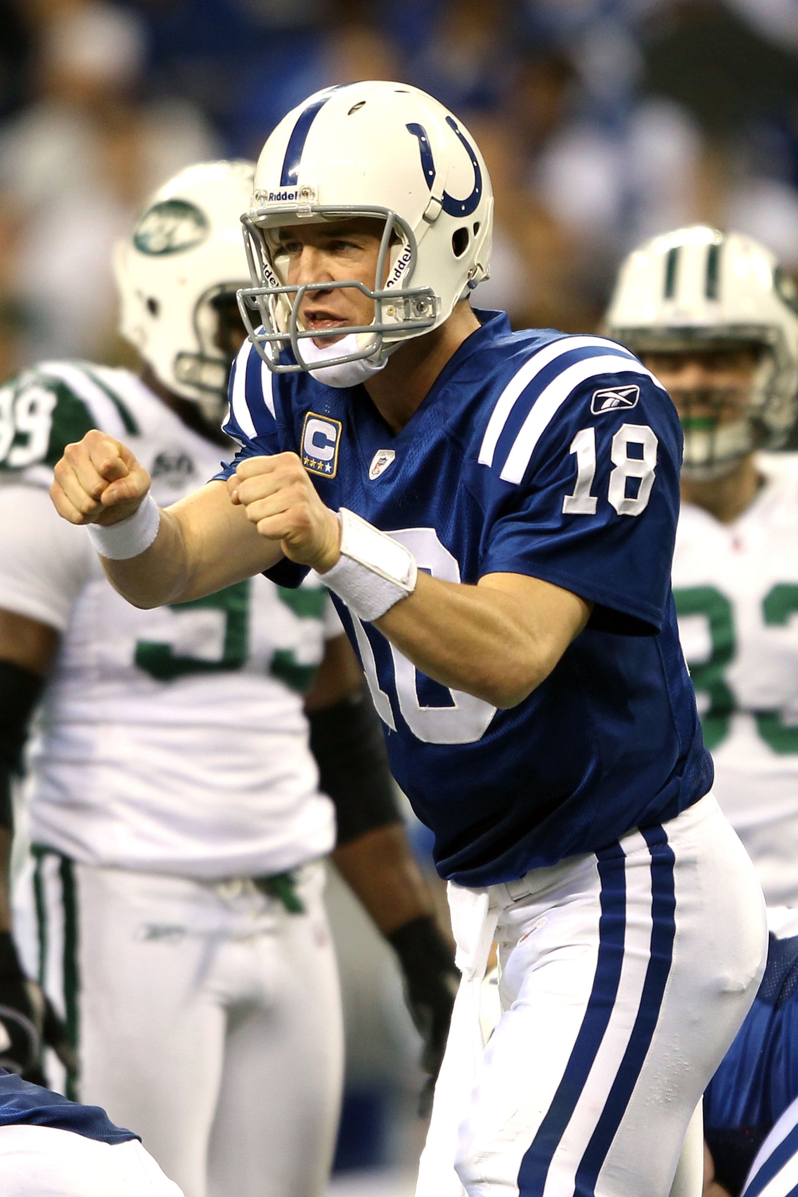 INDIANAPOLIS - JANUARY 24:  Quarterback Peyton Manning #18 of the Indianapolis Colts reacts during the first half against the New York Jets during the AFC Championship Game at Lucas Oil Stadium on January 24, 2010 in Indianapolis, Indiana. The Colts defea