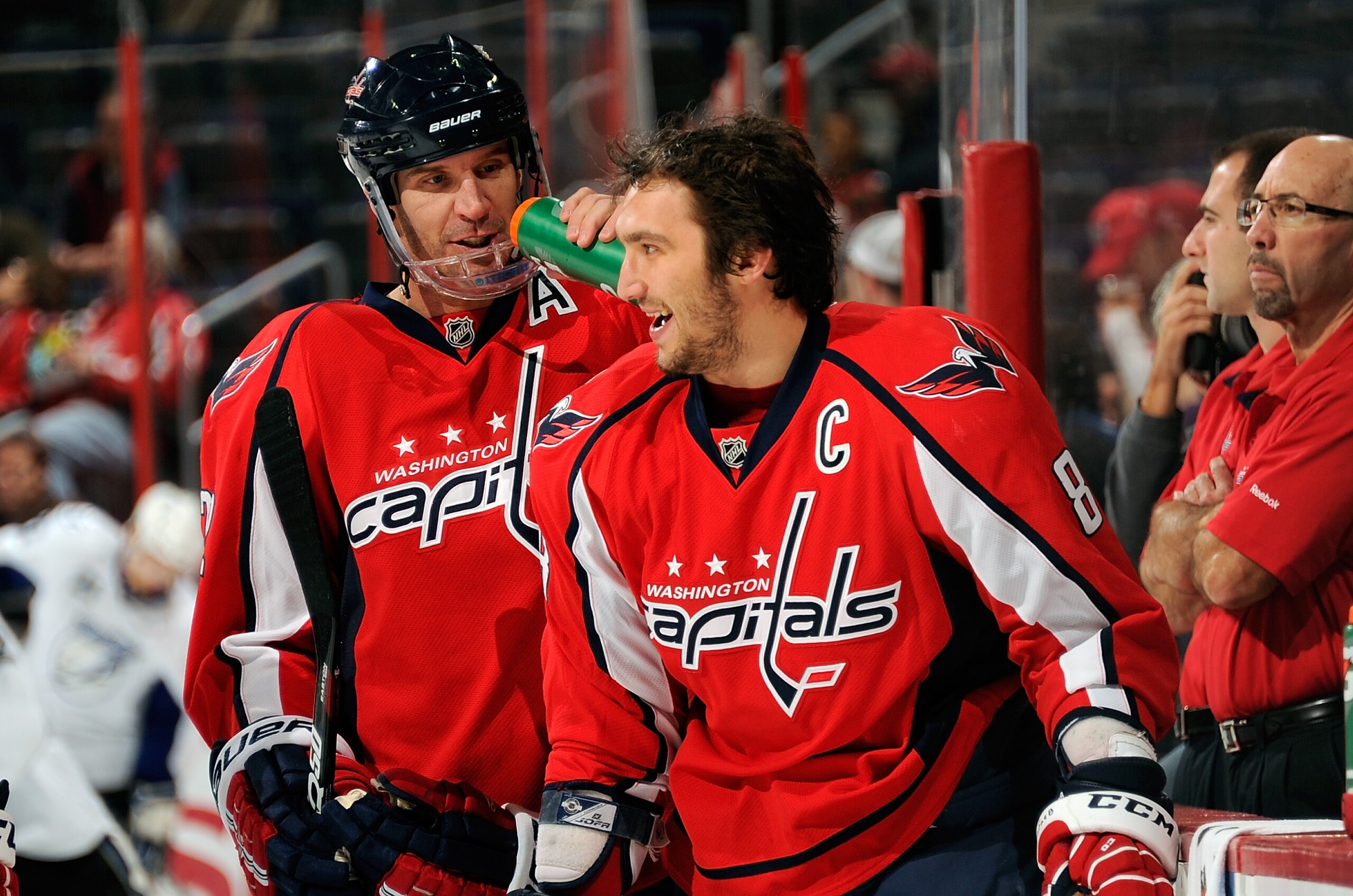 WASHINGTON - NOVEMBER 26:  Mike Knuble #22 and Alex Ovechkin #8 of the Washington Capitals warm up before the game against the Tampa Bay Lightning  at the Verizon Center on November 26, 2010 in Washington, DC.  (Photo by Greg Fiume/Getty Images)
