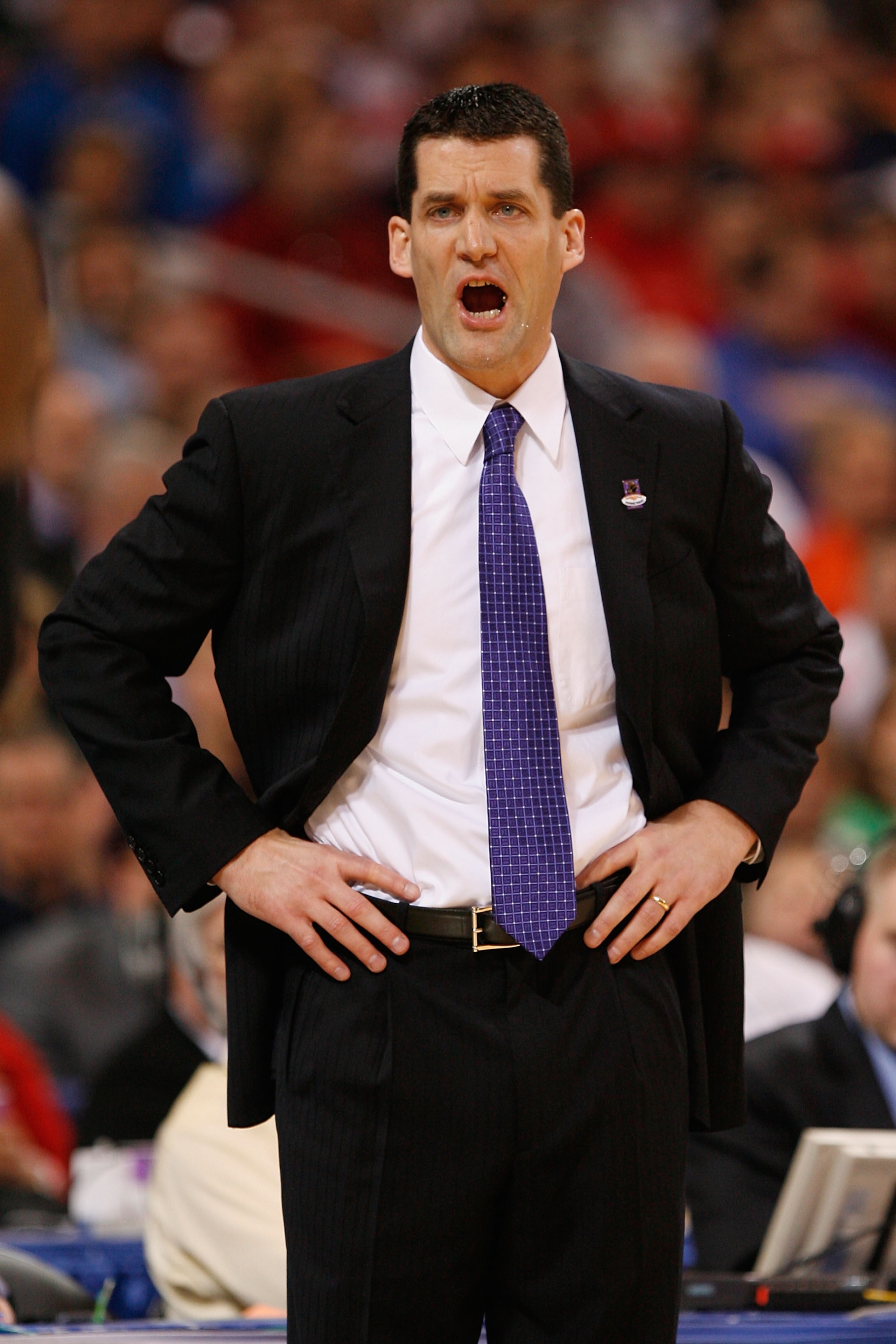 ST. LOUIS - MARCH 26: Head coach Ben Jacobson of the Northern Iowa Panthers directs his team against the Michigan State Spartans during the midwest regional semifinal of the 2010 NCAA men's basketball tournament at the Edward Jones Dome on March 26, 2010 