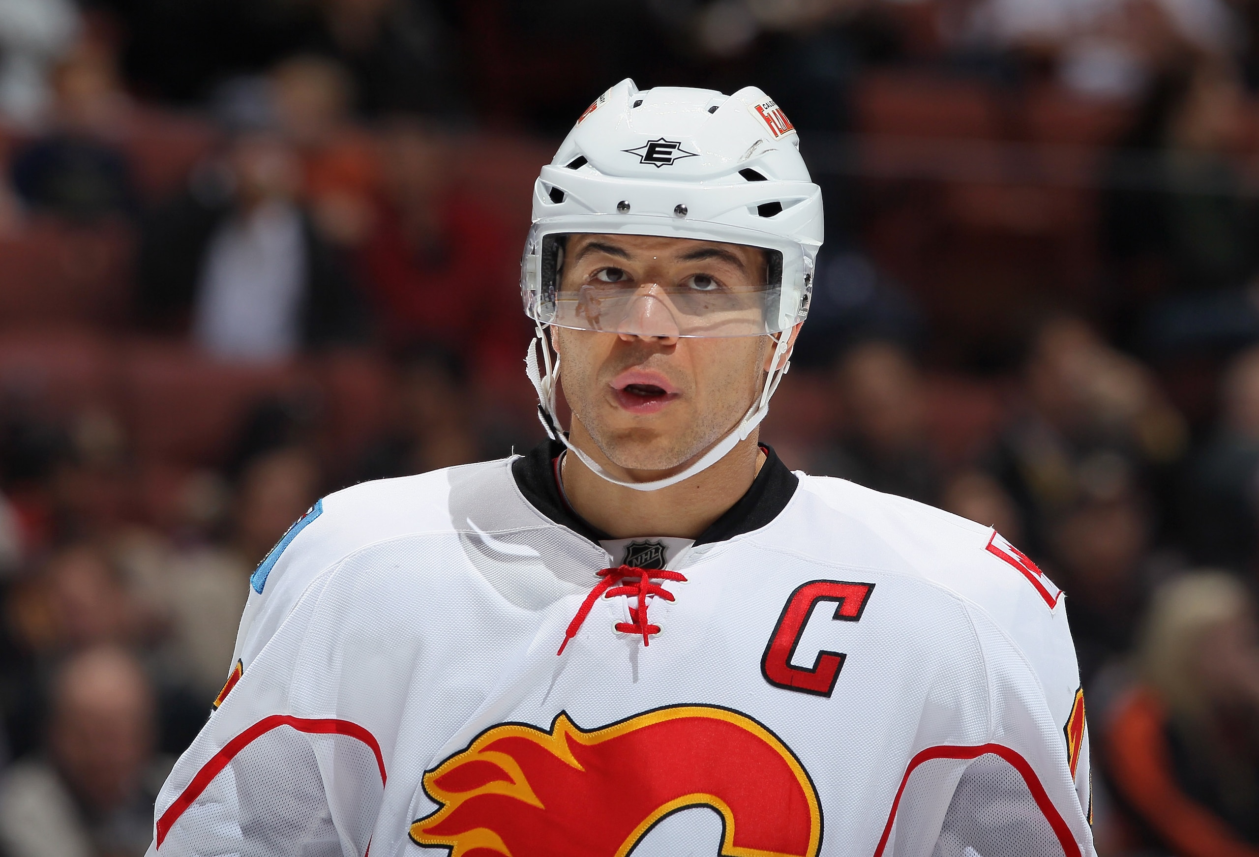 ANAHEIM, CA - DECEMBER 10:  Jerome Iginla #12 of the Calgary Flames looks on against the Anaheim Ducks at the Honda Center on December 10, 2010 in Anaheim, California.  (Photo by Jeff Gross/Getty Images)