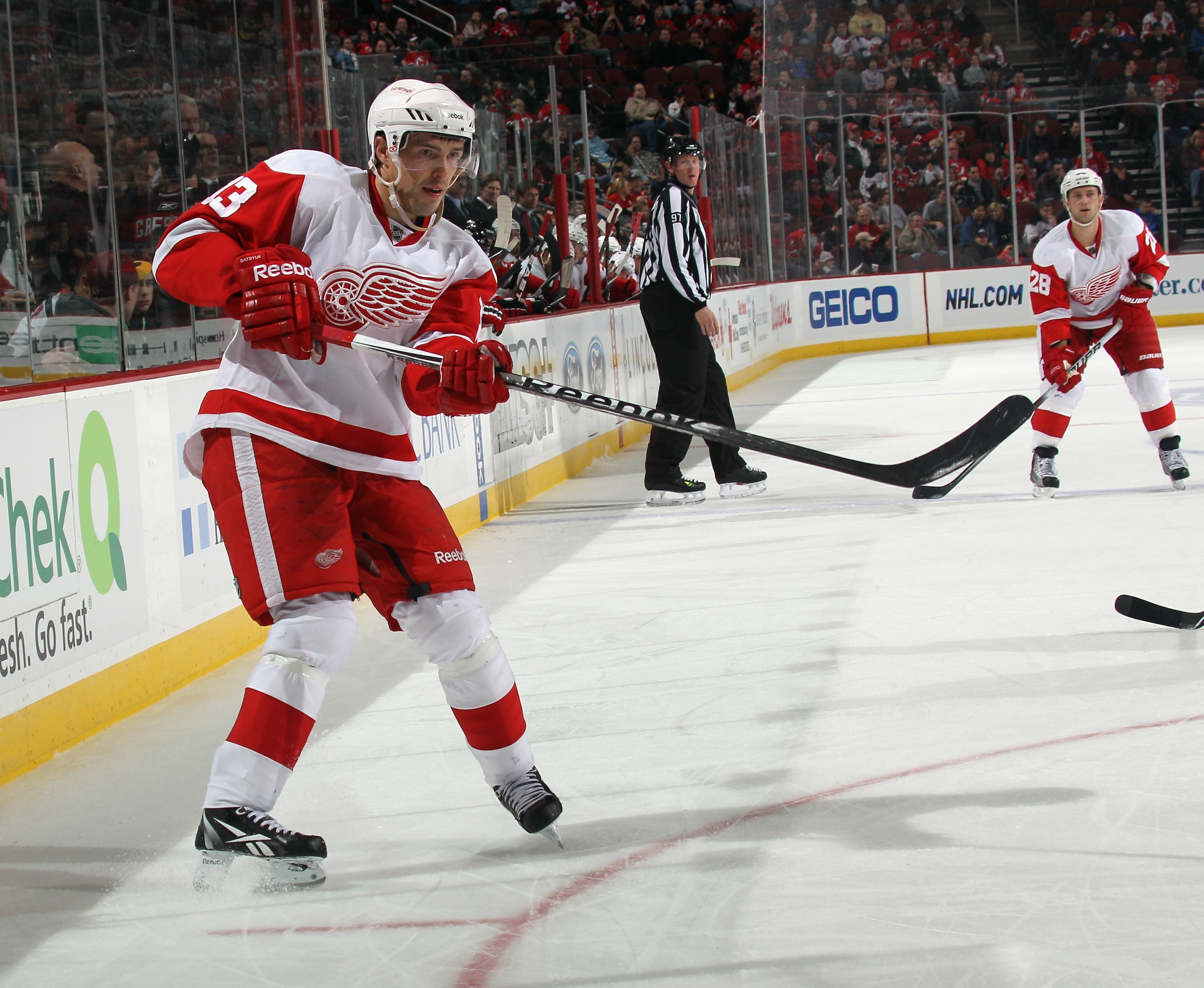 NEWARK, NJ - DECEMBER 11:  Pavel Datsyuk #13 of the Detroit Red Wings skates against the New Jersey Devils at the Prudential Center on December 11, 2010 in Newark, New Jersey. The Red Wings defeated the the Devils 4-1.  (Photo by Bruce Bennett/Getty Image
