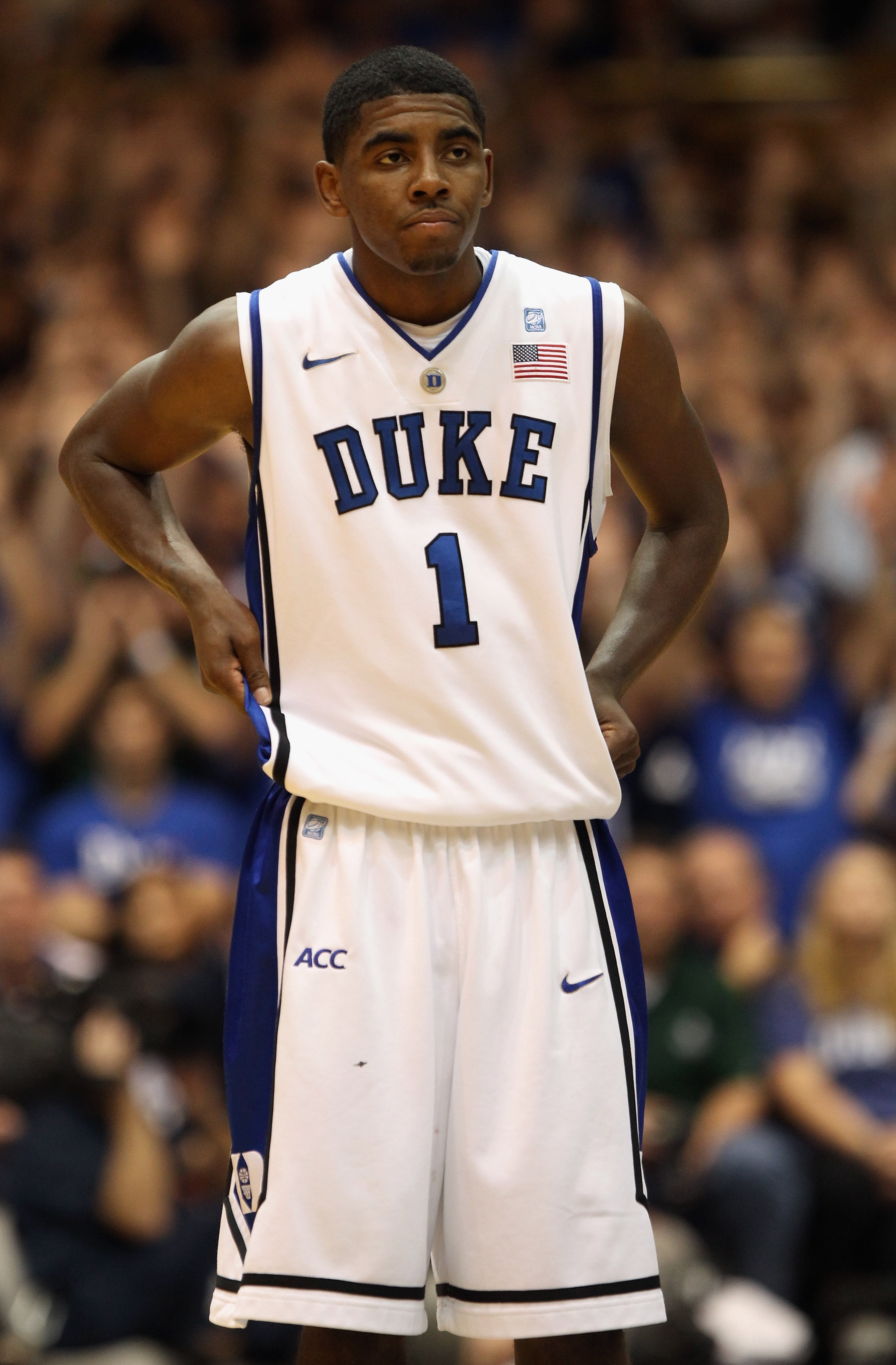 DURHAM, NC - DECEMBER 01:  Kyrie Irving #1 of the Duke Blue Devils watches on during their game against the Michigan State Spartans at Cameron Indoor Stadium on December 1, 2010 in Durham, North Carolina.  (Photo by Streeter Lecka/Getty Images)