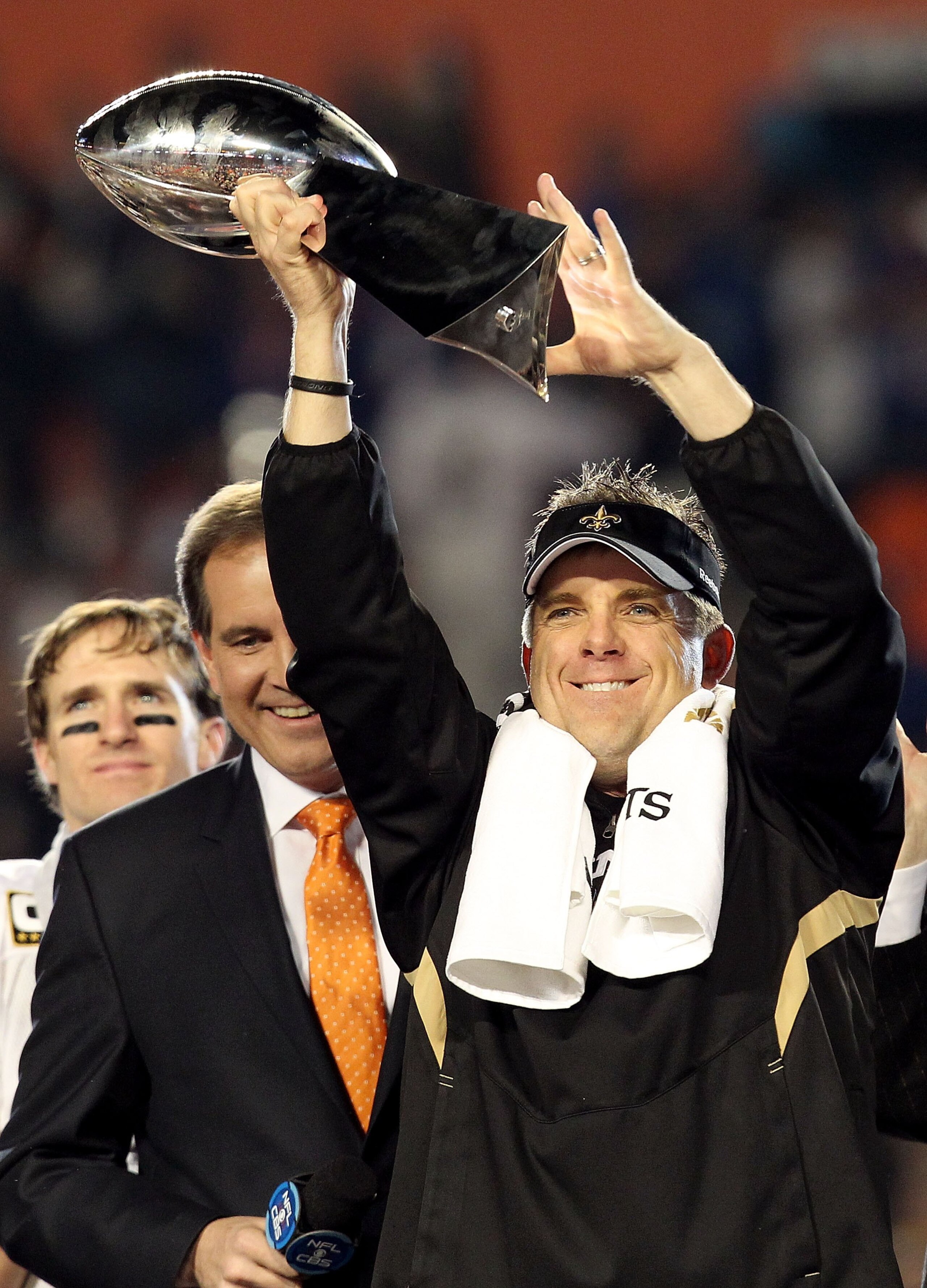 MIAMI GARDENS, FL - FEBRUARY 07:  Head coach Sean Payton of the New Orleans Saints celebrates with the Vince Lombardi Trophy after his team defeated the Indianapolis Colts during Super Bowl XLIV on February 7, 2010 at Sun Life Stadium in Miami Gardens, Fl