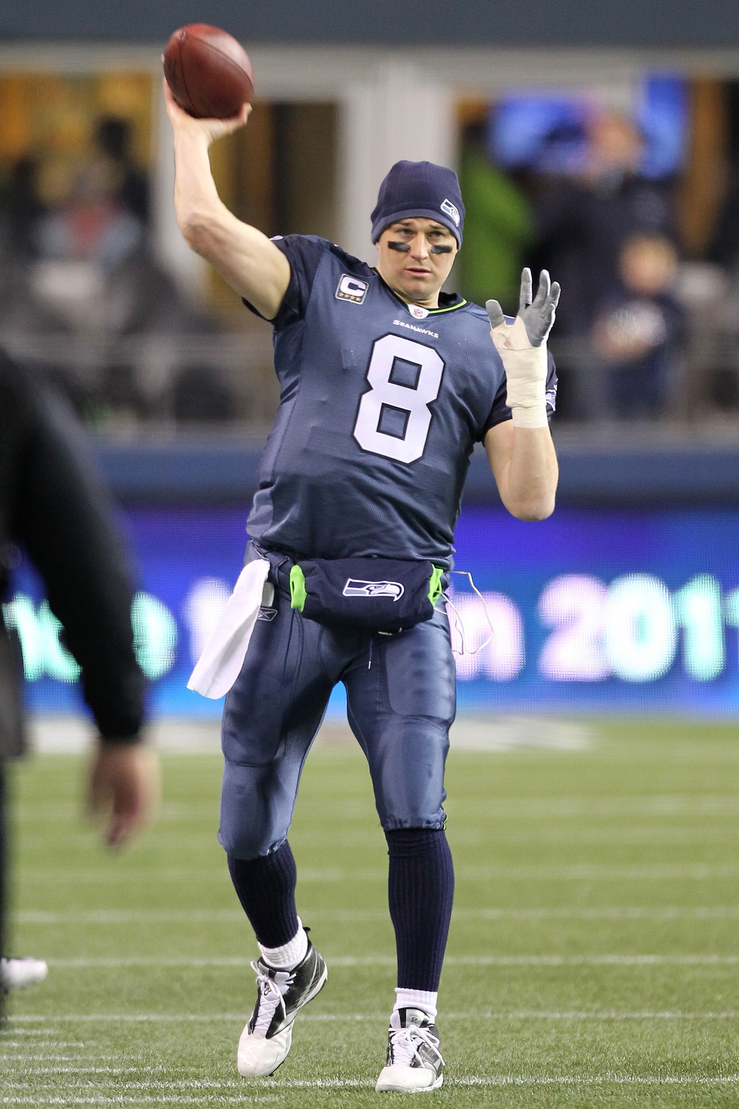 SEATTLE, WA - JANUARY 02:  Quarterback Matt Hasselbeck #8 of the Seattle Seahawks throws the ball on the sidelines during their game against St. Louis Rams at Qwest Field on January 2, 2011 in Seattle, Washington.  (Photo by Otto Greule Jr/Getty Images)