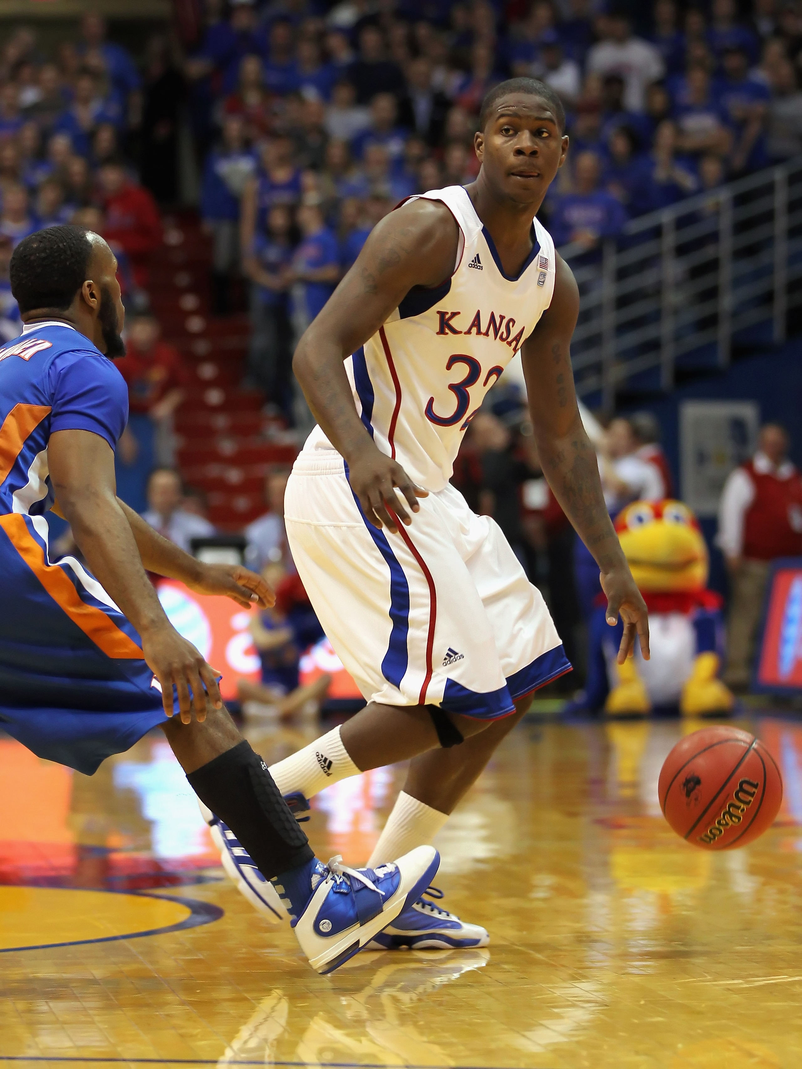 LAWRENCE, KS - DECEMBER 29:  Josh Selby #32 of the Kansas Jayhawks in action during the game against the University of Texas Arlington Mavericks on December 29, 2010 at Allen Fieldhouse in Lawrence, Kansas.  (Photo by Jamie Squire/Getty Images)