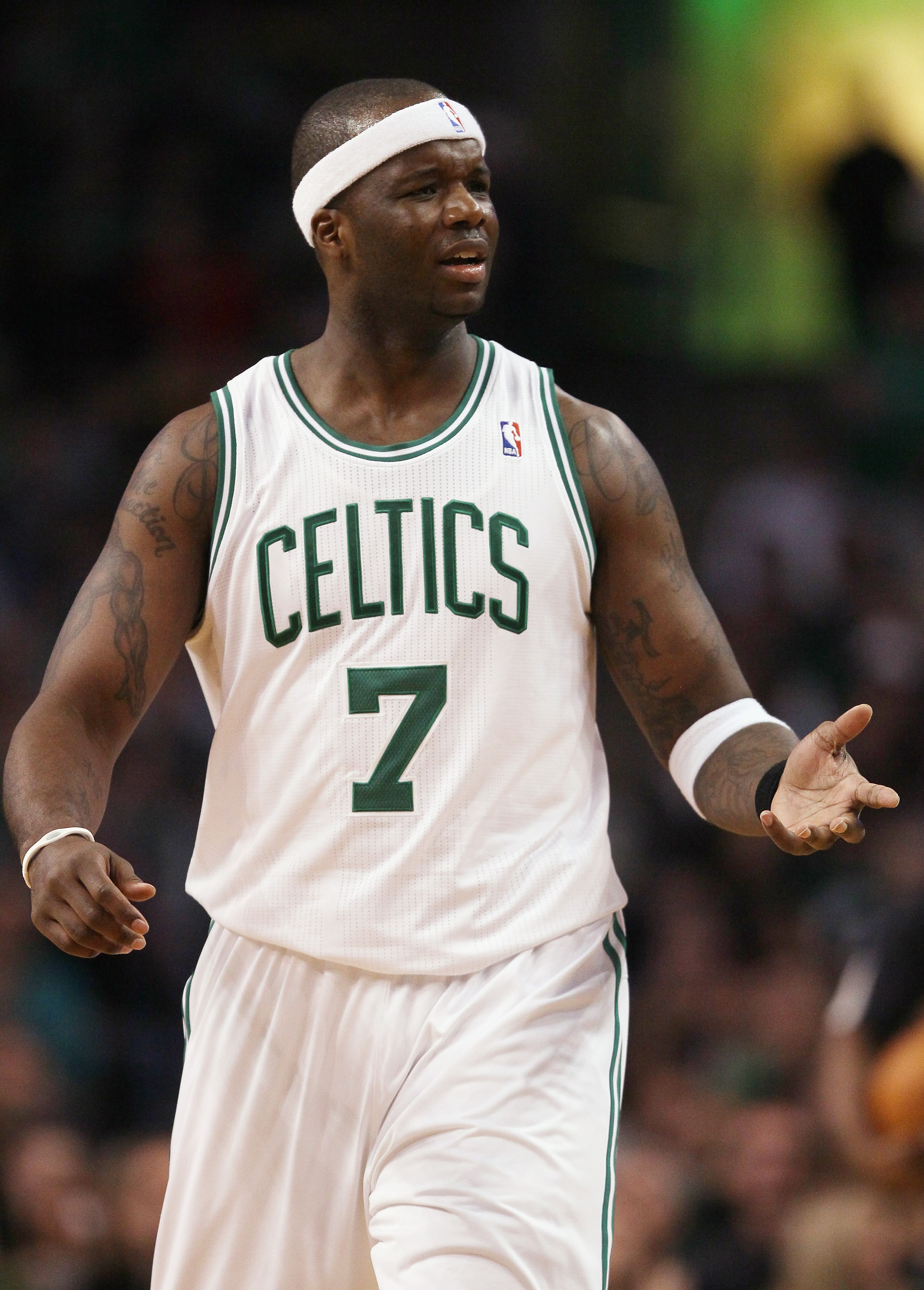 BOSTON, MA - JANUARY 03:  Jermaine O'Neal #7 of the Boston Celtics reacts after he is called for a foul in the first half against the Minnesota Timberwolves on January 3, 2011 at the TD Garden in Boston, Massachusetts. NOTE TO USER: User expressly acknowl