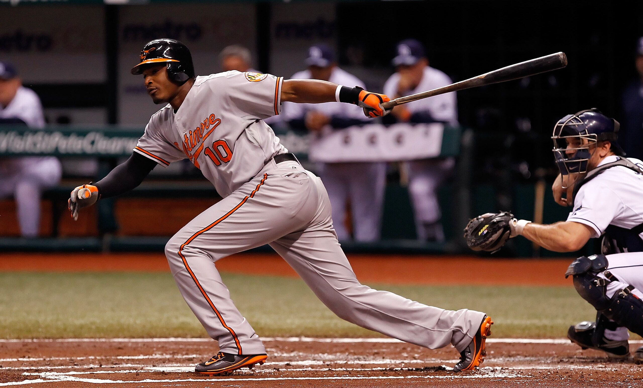 ST. PETERSBURG, FL - SEPTEMBER 29: Outfielder Adam Jones #10 of the Baltimore Orioles flies out against the Tampa Bay Rays during the game at Tropicana Field on September 29, 2010 in St. Petersburg, Florida. (Photo by J. Meric/Getty Images) ST. PETERSBURG, FL - SEPTEMBER 29: Outfielder Adam Jones #10 of the Baltimore Orioles flies out against the Tampa Bay Rays during the game at Tropicana Field on September 29, 2010 in St. Petersburg, Florida. (Photo by J. Meric/Getty Images)