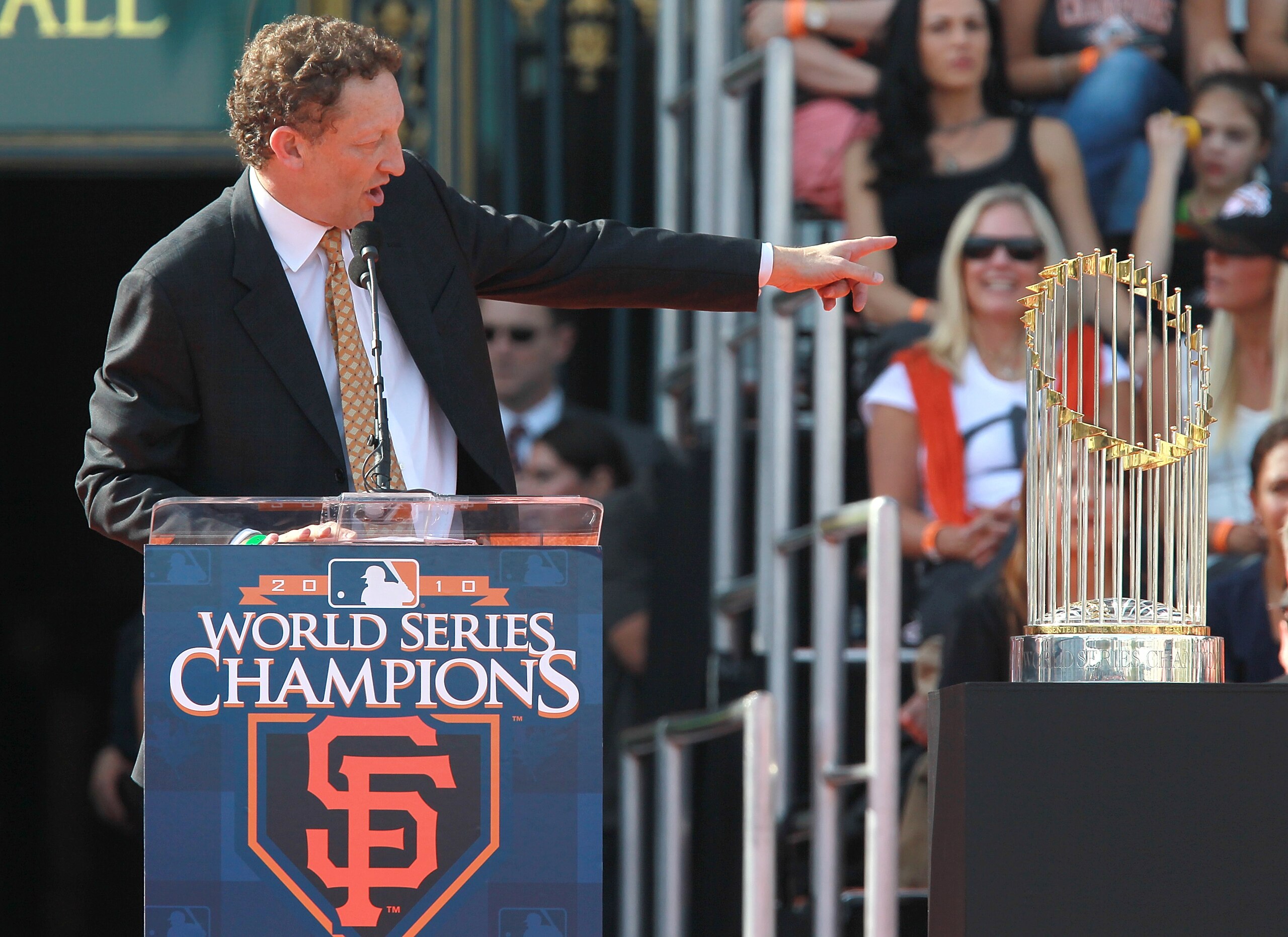 SAN FRANCISCO - NOVEMBER 03: San Francisco Giants president Larry Baer speaks to fans during the Giants' victory parade and celebration on November 3, 2010 in San Francisco, California. Thousands of Giants fans lined the streets of San Francisco to watch SAN FRANCISCO - NOVEMBER 03: San Francisco Giants president Larry Baer speaks to fans during the Giants' victory parade and celebration on November 3, 2010 in San Francisco, California. Thousands of Giants fans lined the streets of San Francisco to watch